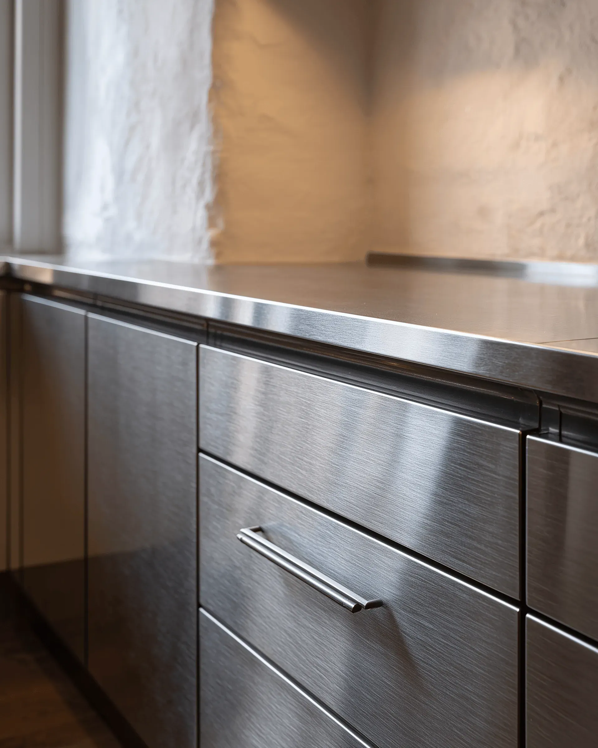 Close view of brushed stainless steel cabinet fronts