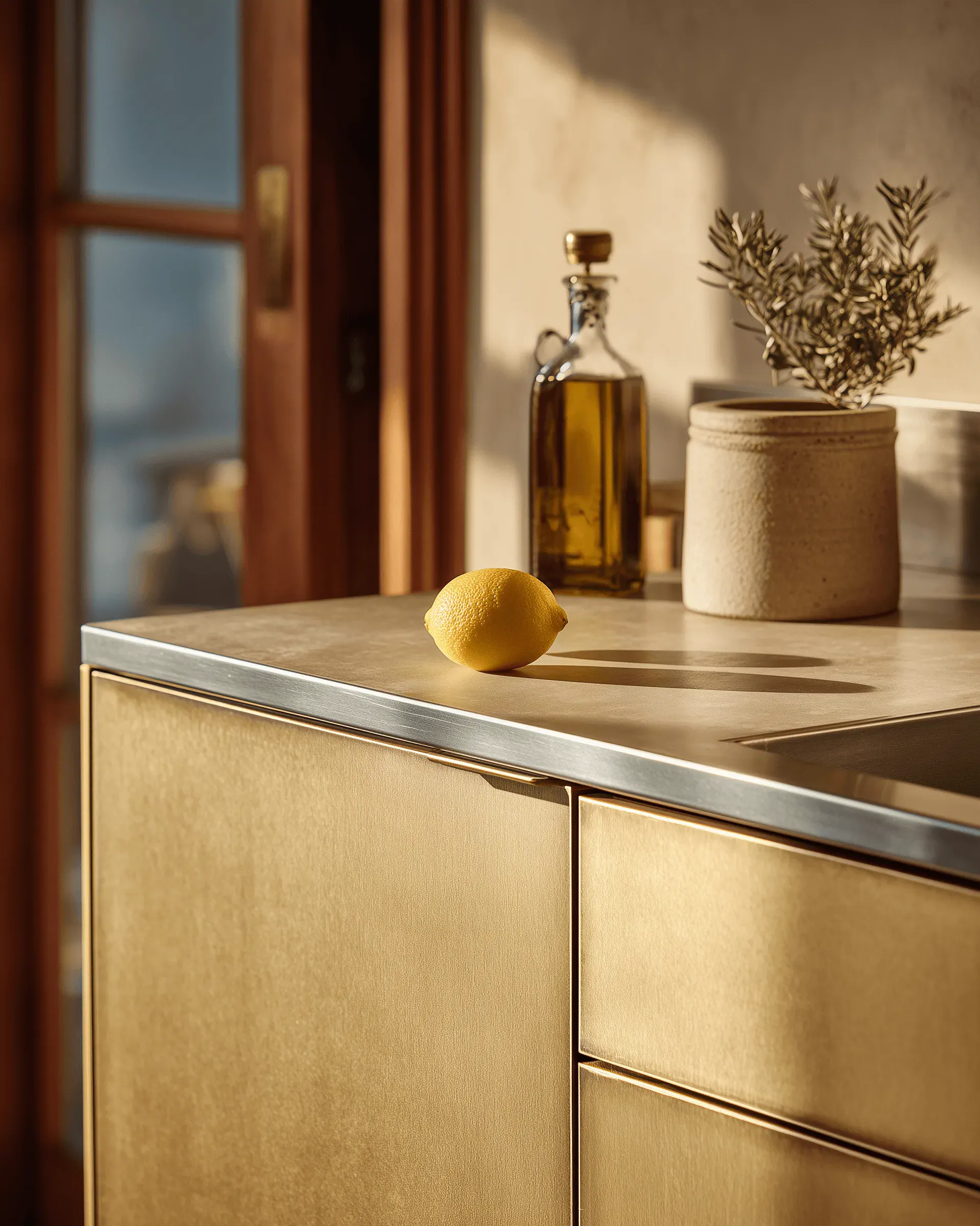 Stainless steel worktop with a warm material detail