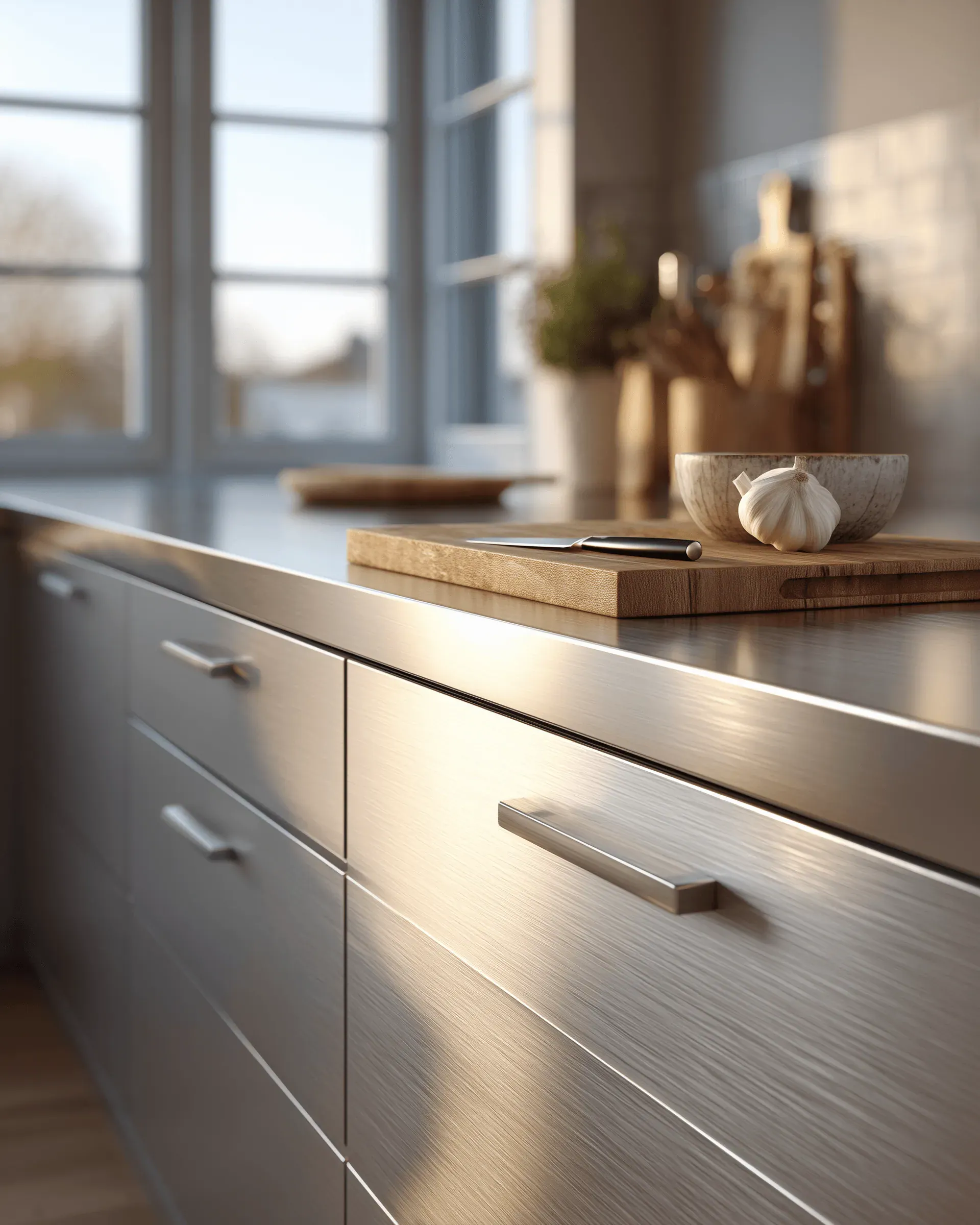 Stainless steel kitchen preparation area detail