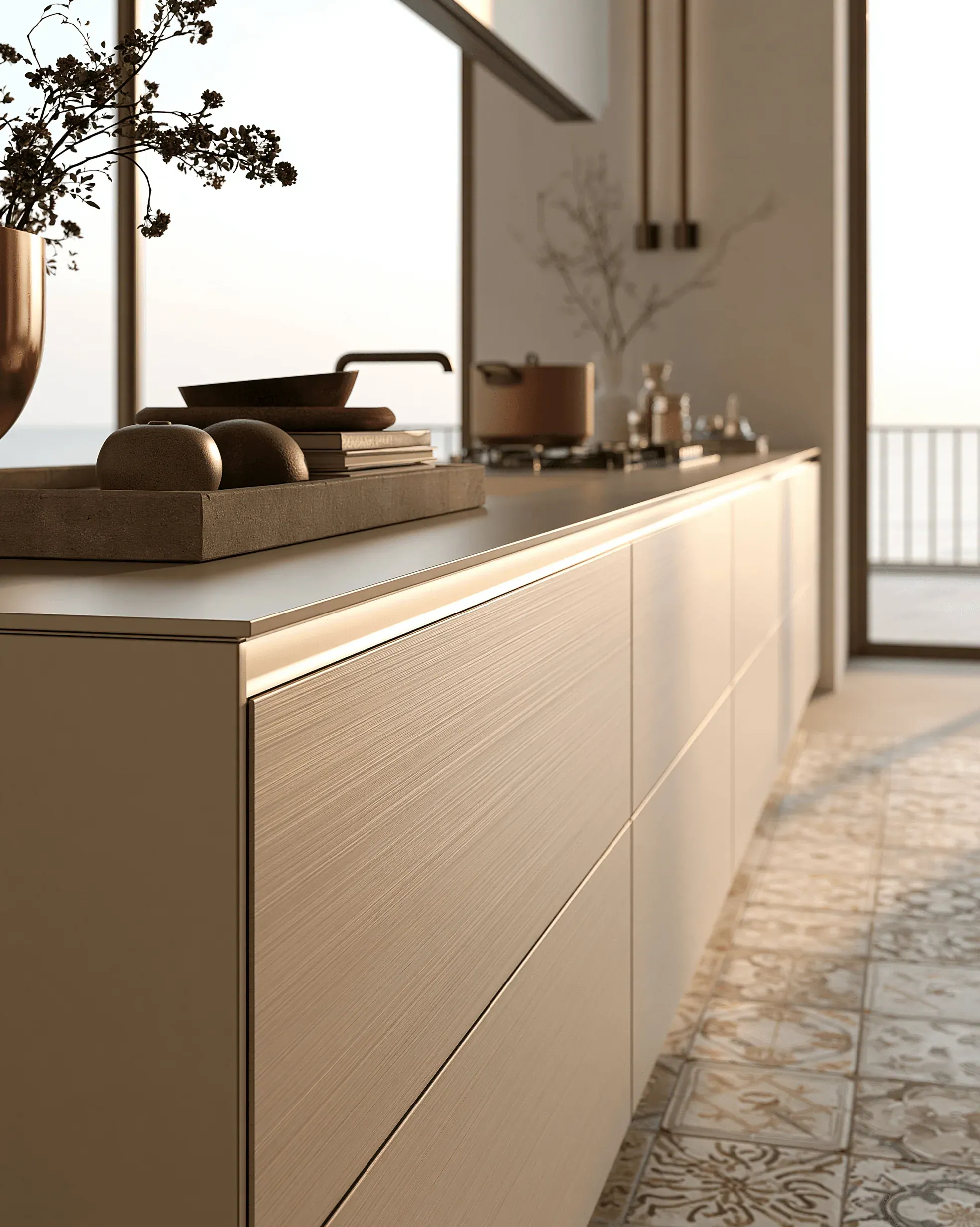 Warm stainless steel kitchen counter detail