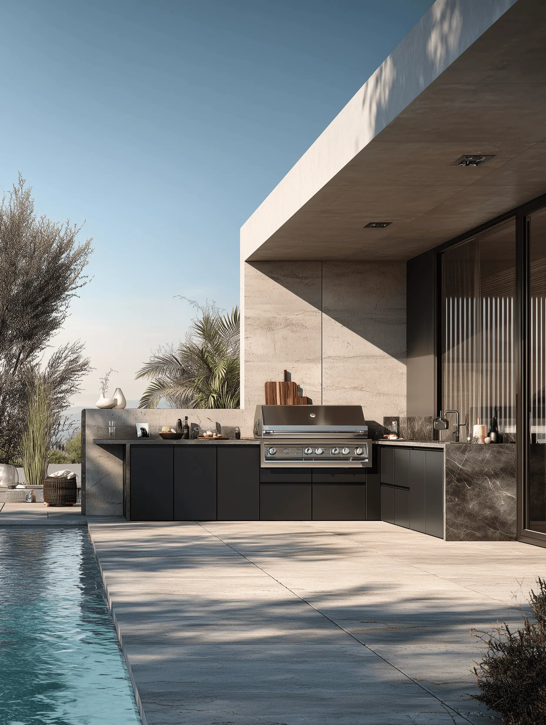 Black poolside outdoor kitchen with integrated grill