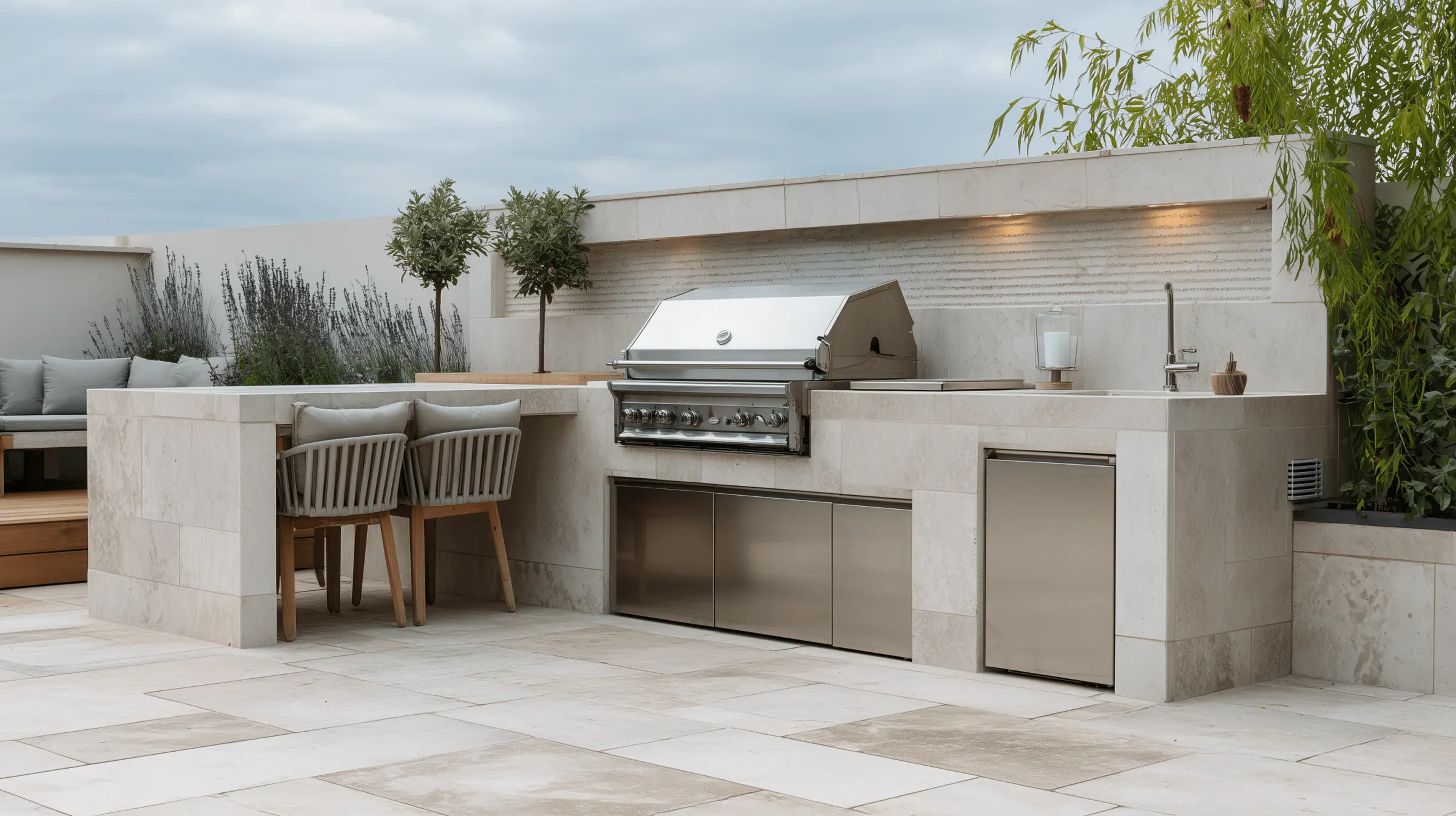 Light stone outdoor kitchen with stainless steel appliances