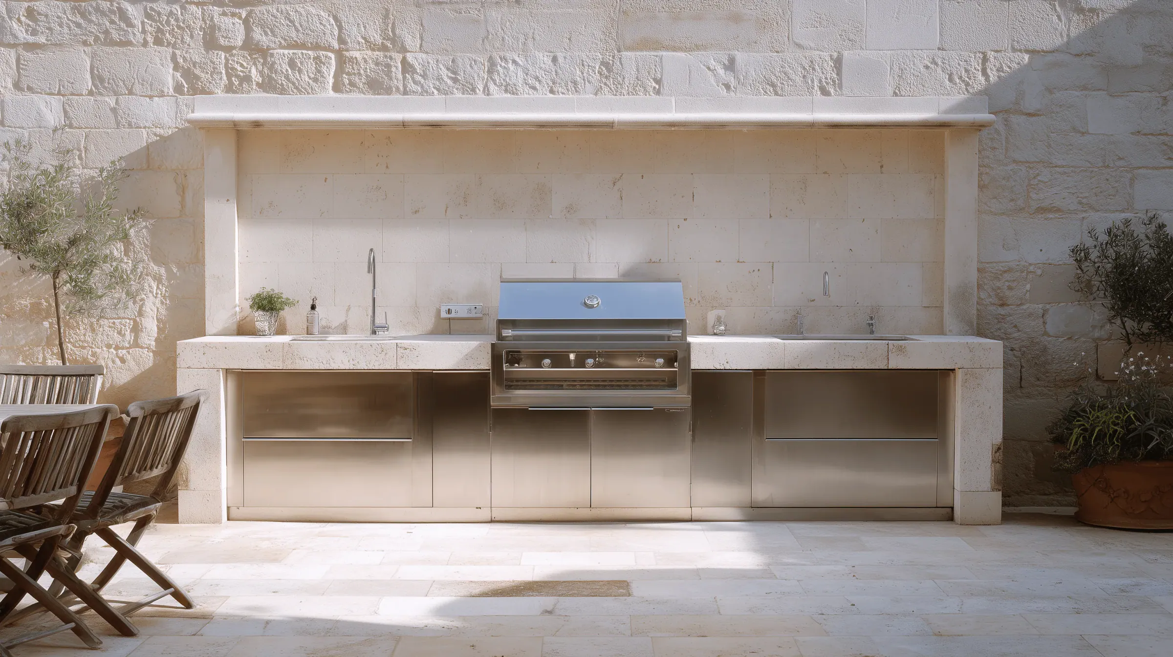 Stainless steel outdoor kitchen in a garden setting