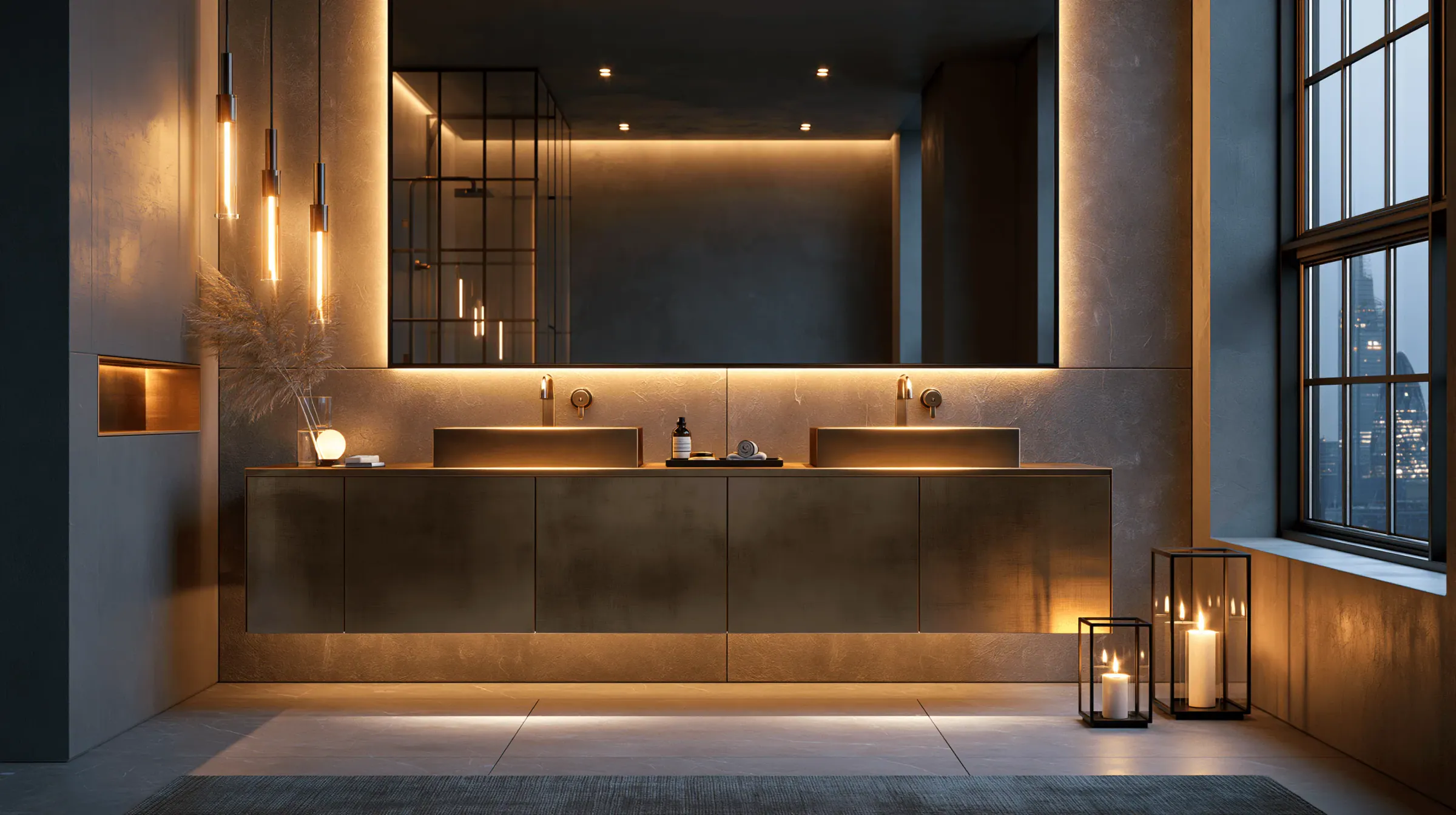 Dark stainless steel bathroom vanity and mirrored storage