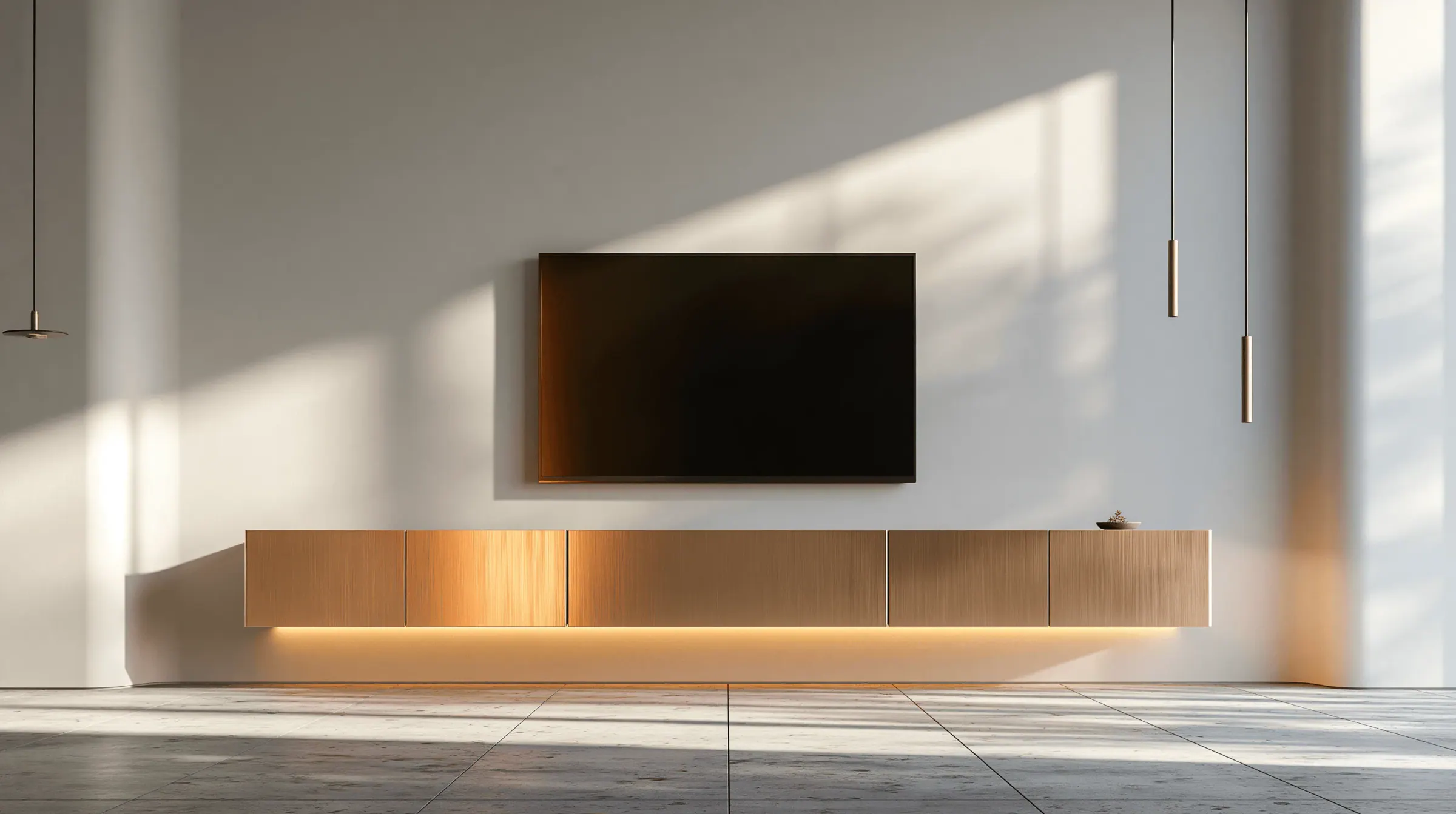 Minimal living room cabinetry with integrated storage