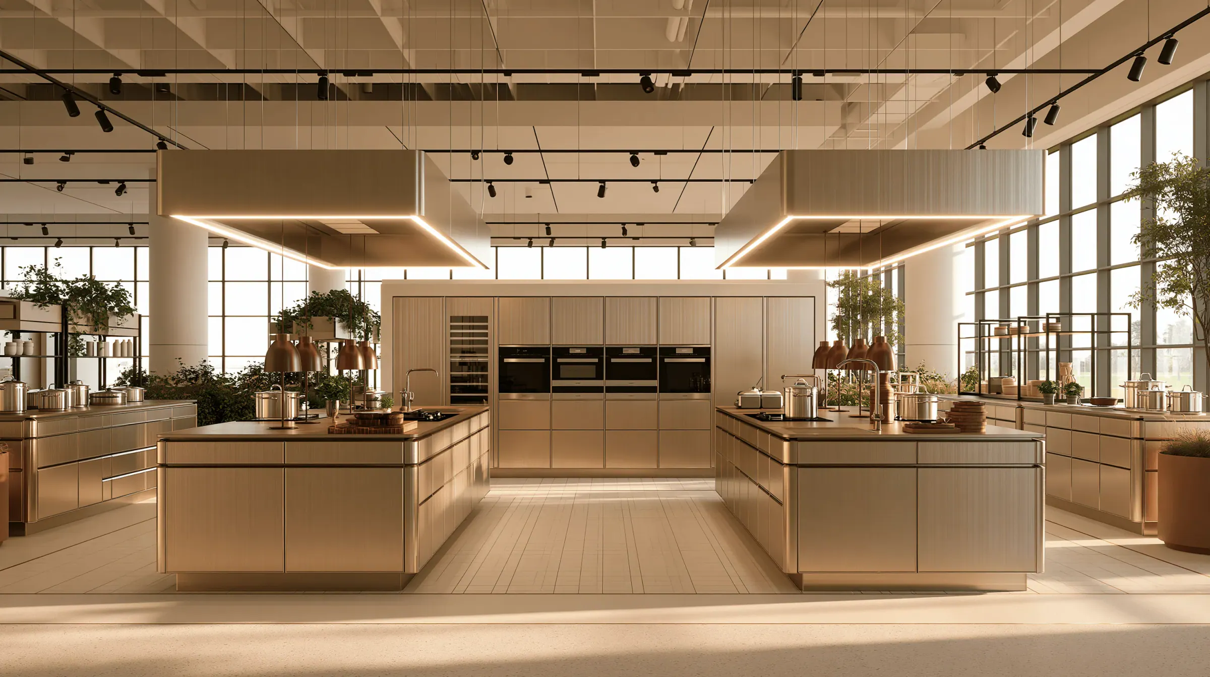 Custom stainless steel kitchen cabinetry in a showroom interior