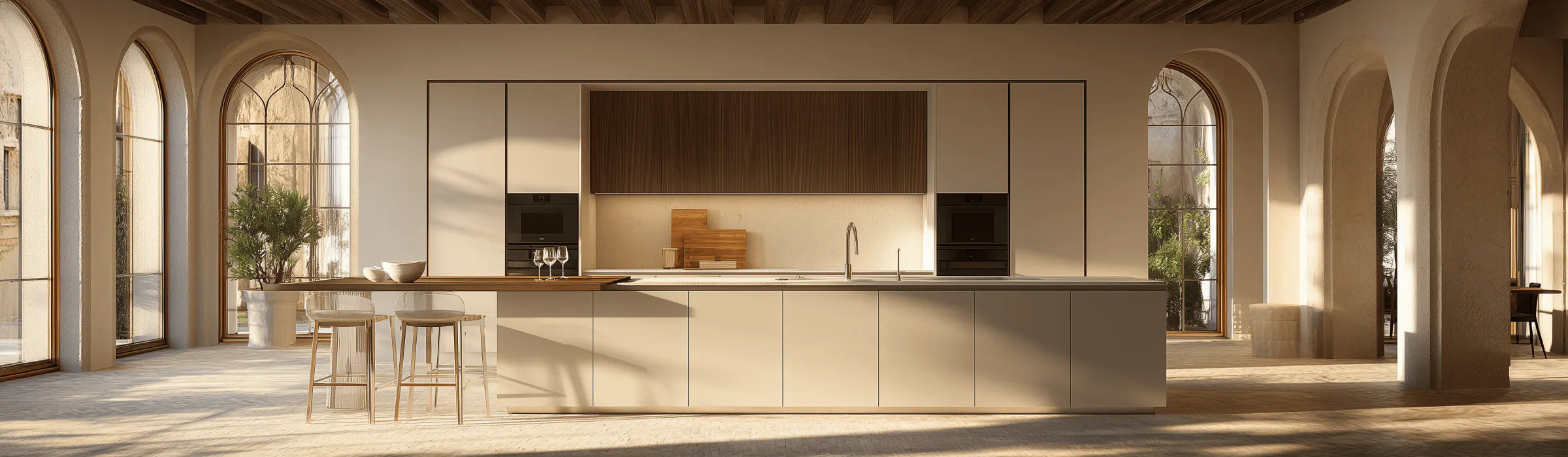 Arched interior with a custom stainless steel kitchen island