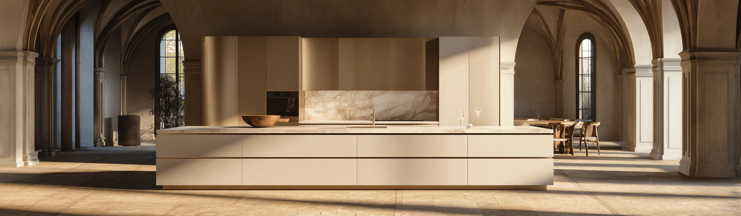 Warm contemporary interior with a custom stainless steel kitchen