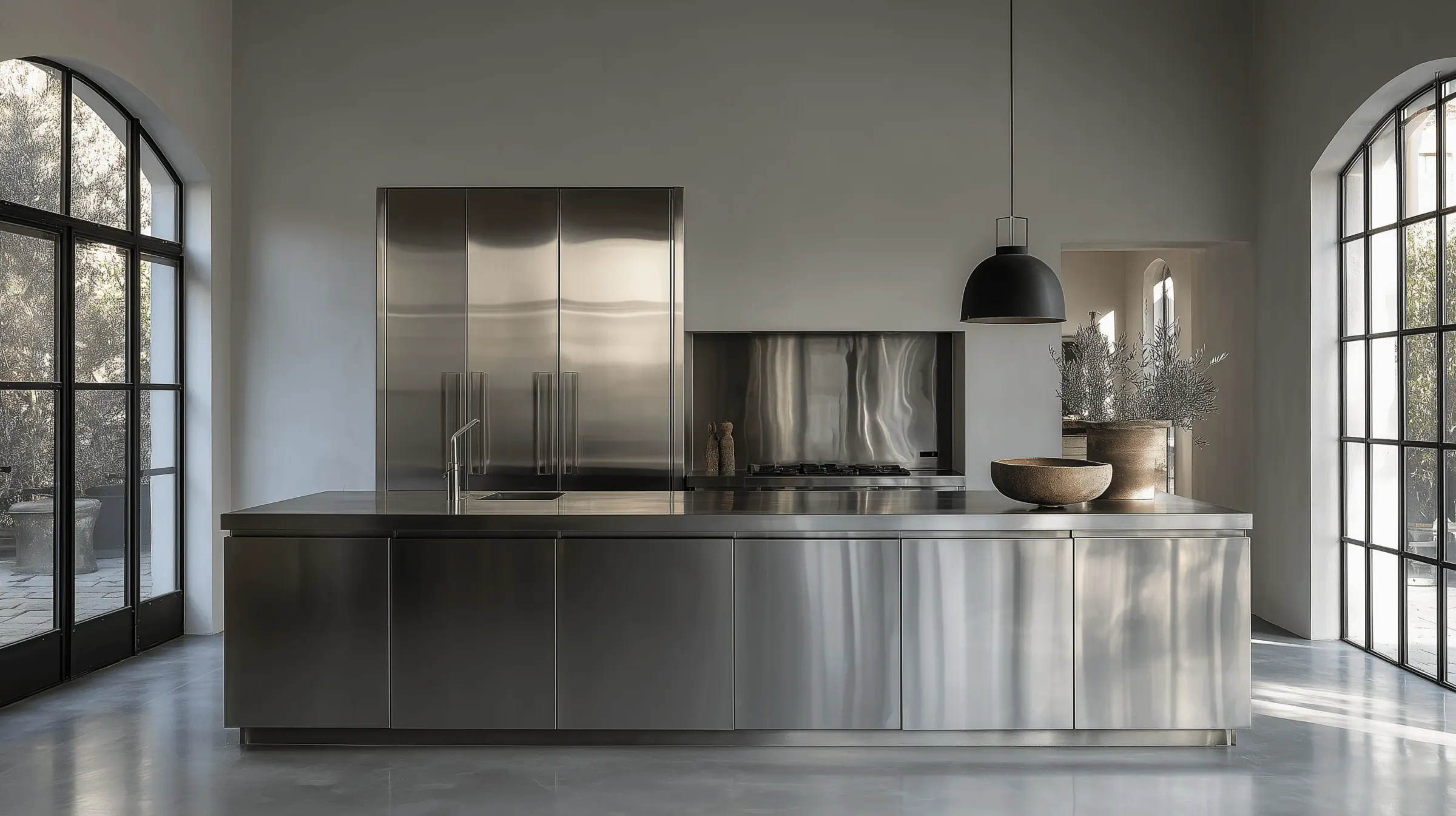 Brushed stainless steel kitchen with full height storage