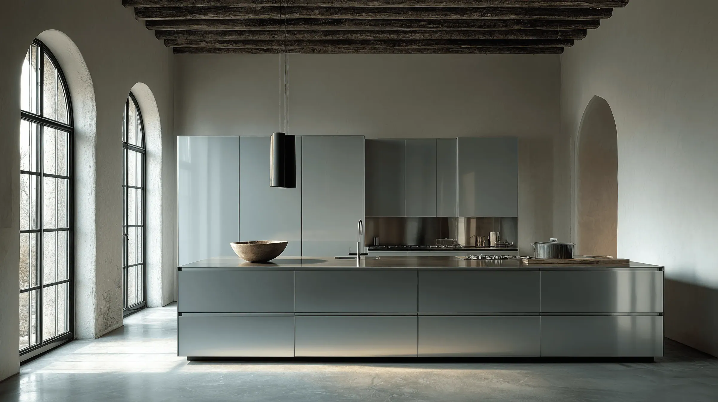 Grey stainless steel kitchen with a central island