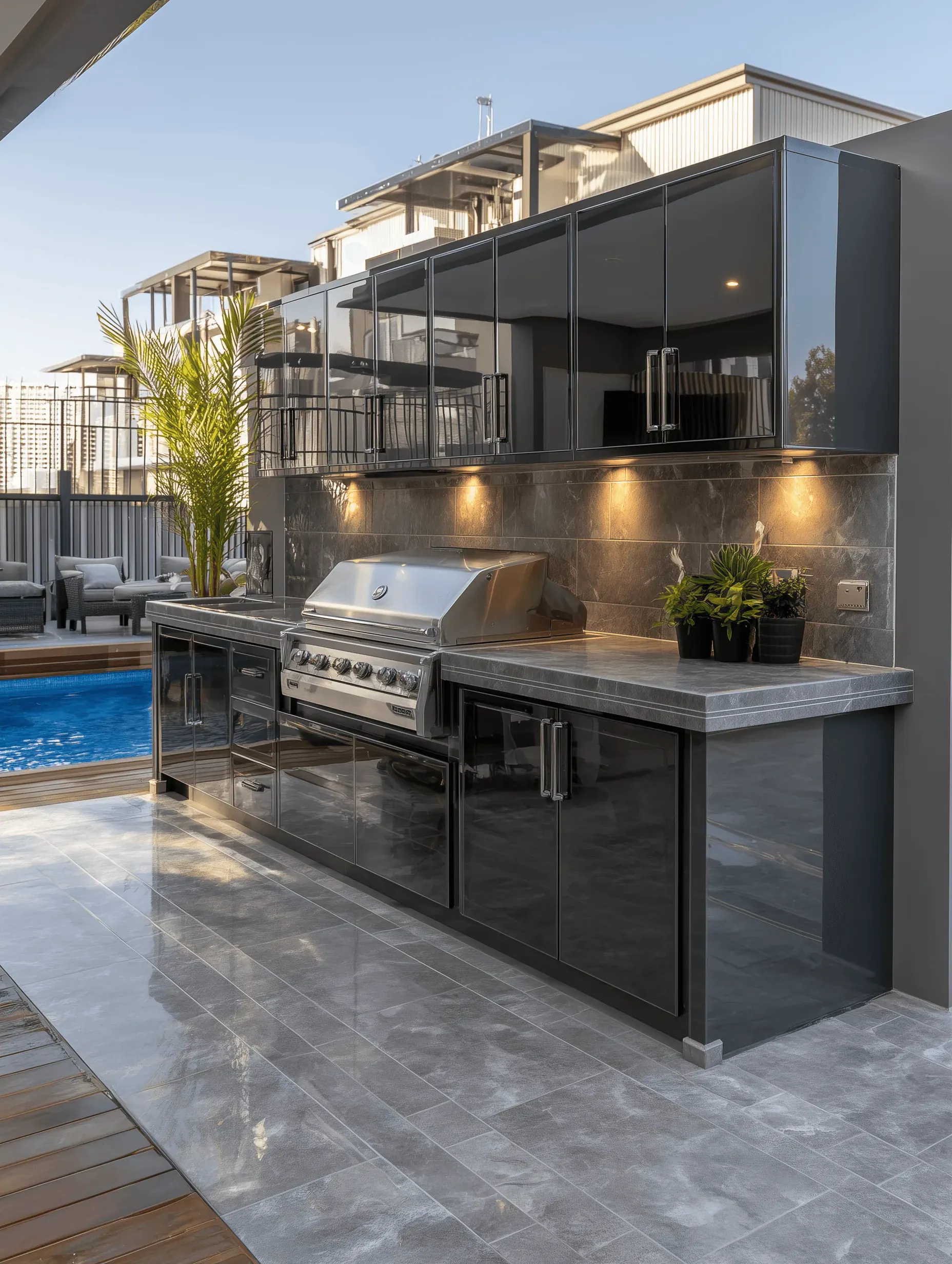 Black gloss outdoor kitchen beside a swimming pool