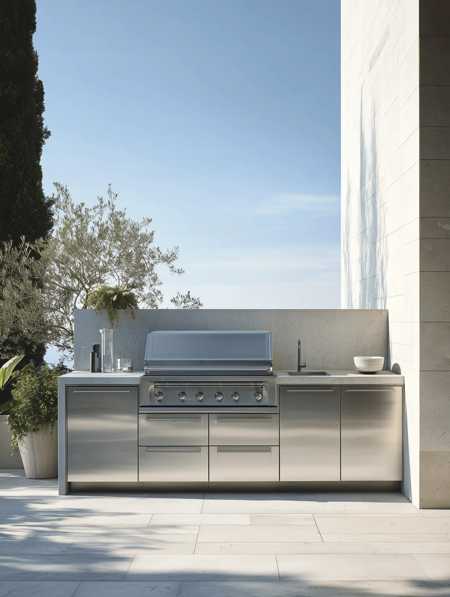 Compact stainless steel outdoor kitchen in a light architectural setting