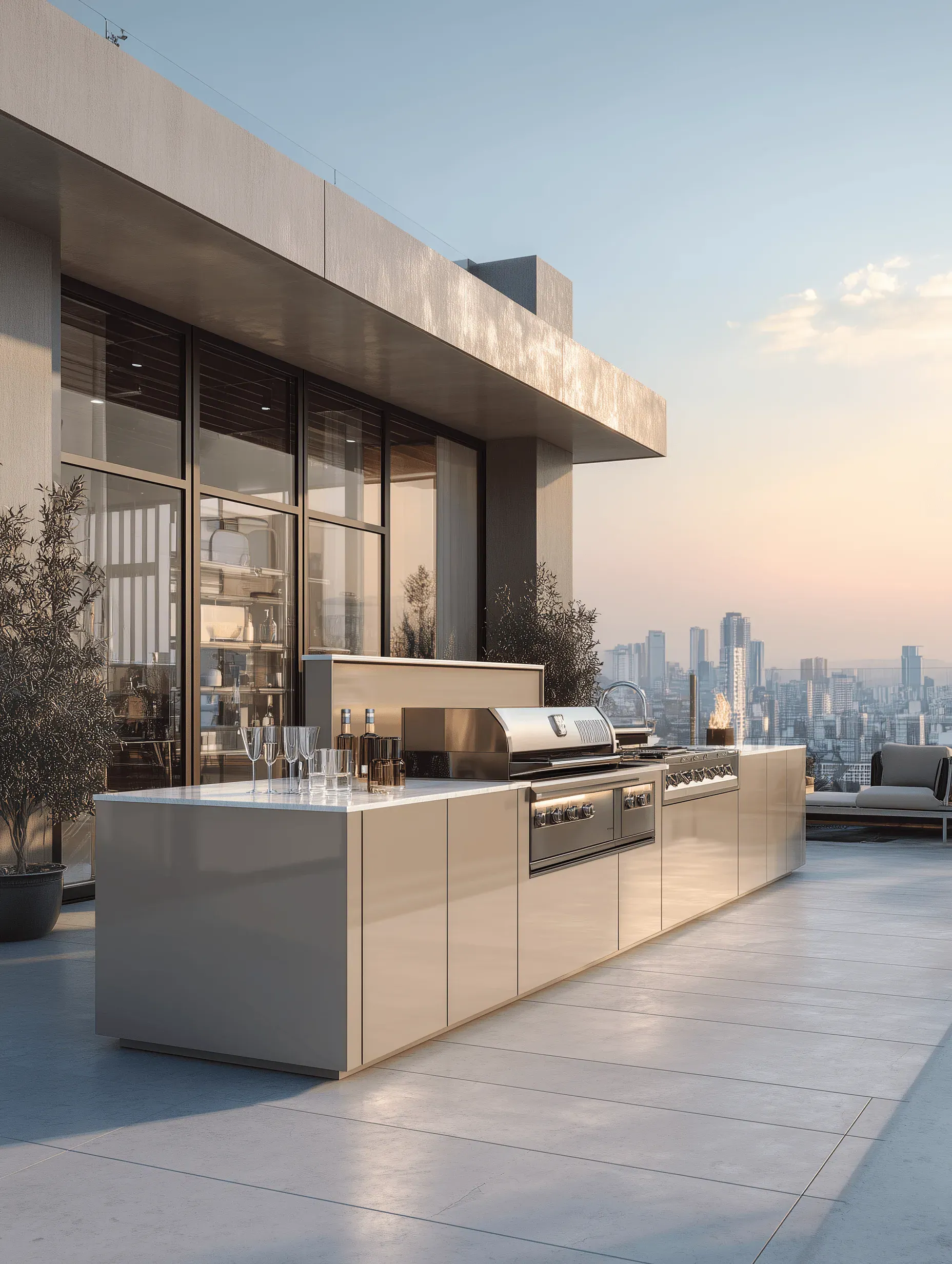 Rooftop stainless steel outdoor kitchen with integrated appliances