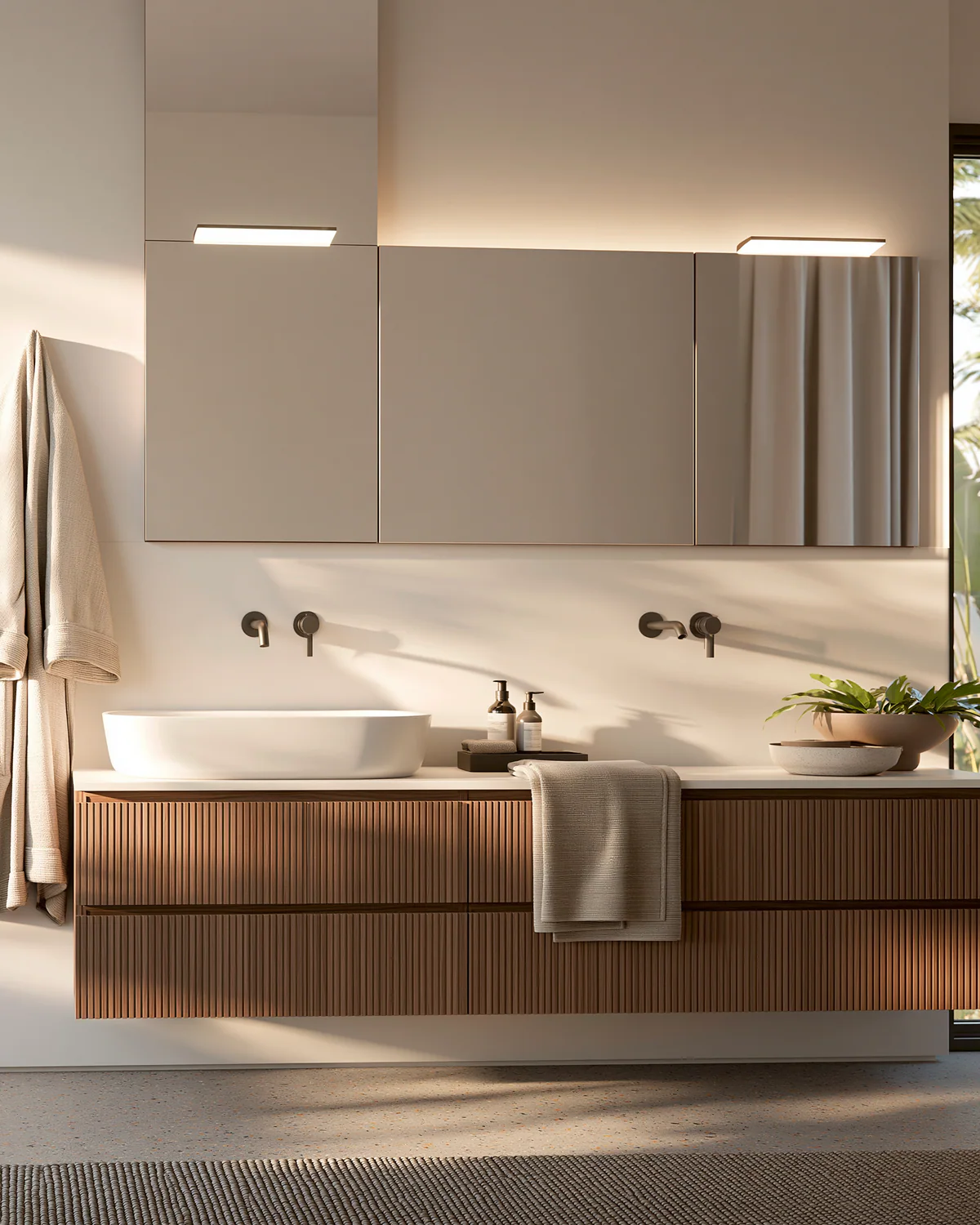 A warm fluted wood bathroom vanity, shown as an associated cabinet detail