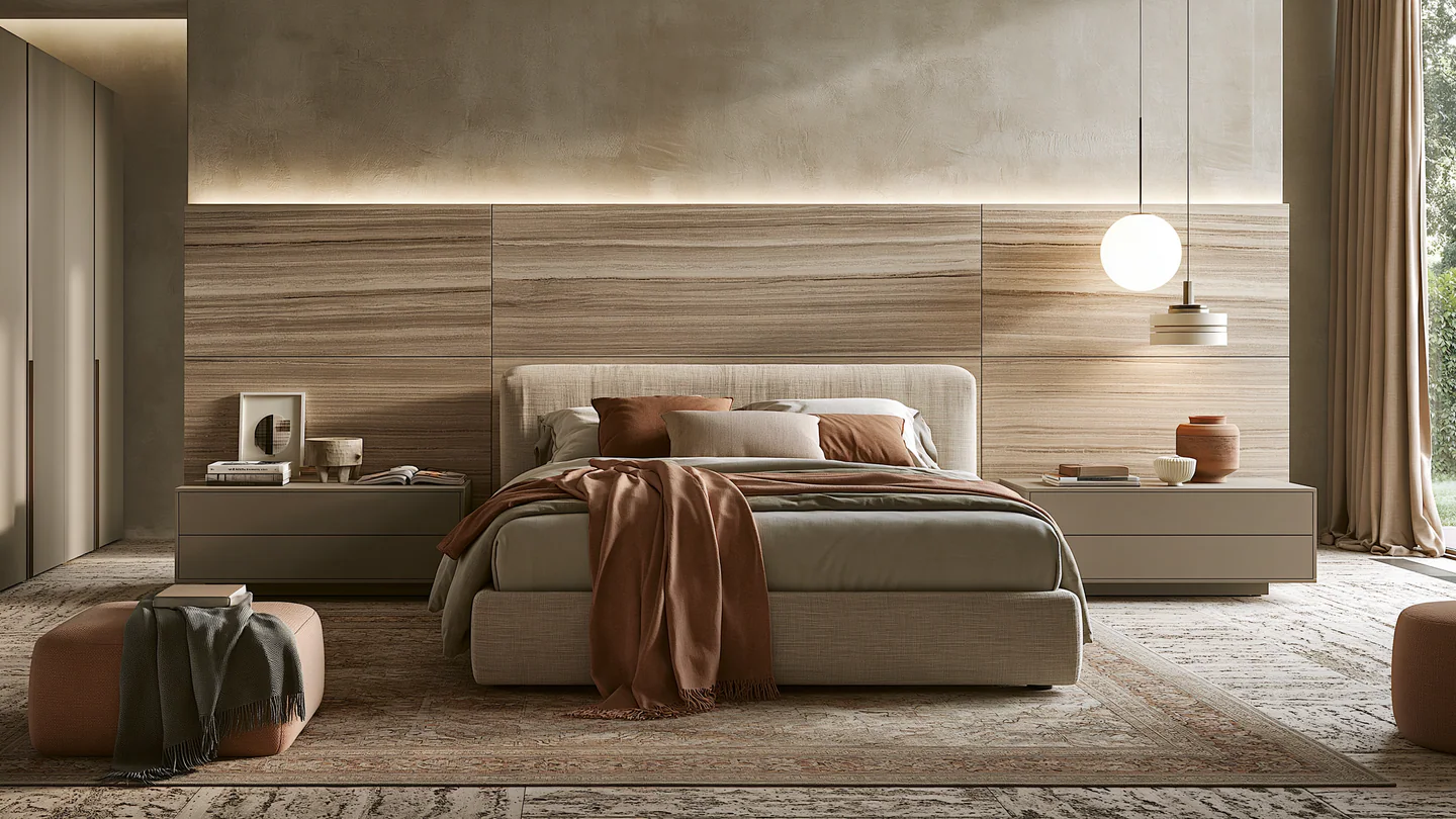 Linear sintered stone headboard and bedroom storage, shown as a wide room view