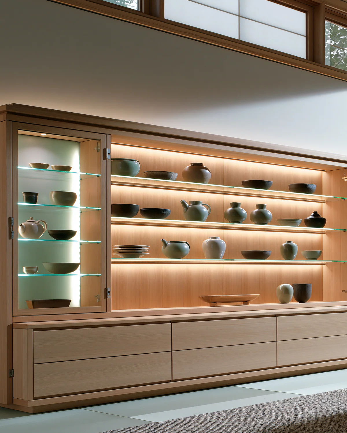 A wood and glass collection display wall, shown as an associated cabinet detail