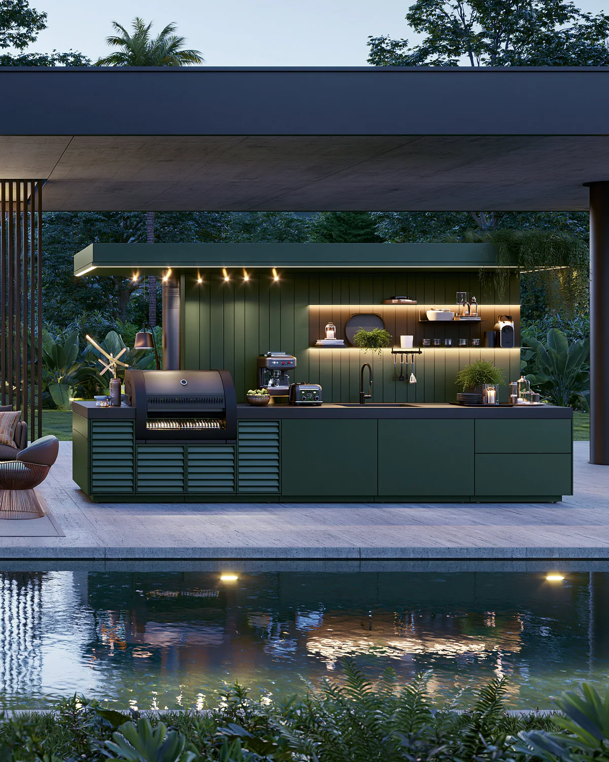 A graphite aluminum poolside outdoor kitchen, shown as an associated cabinet detail