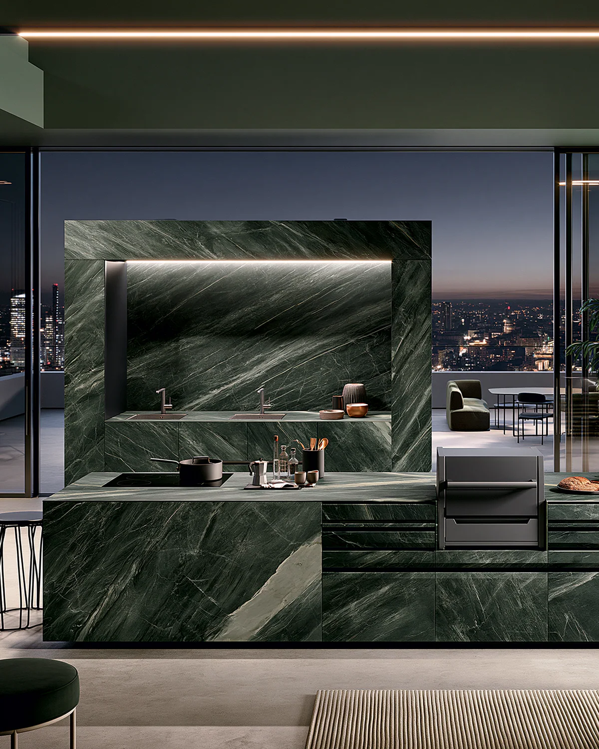 A dark veined sintered stone rooftop kitchen, shown as an associated cabinet detail