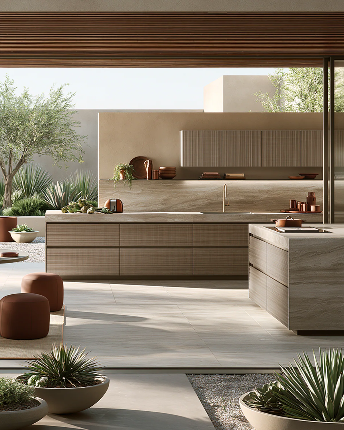 A linear sand-toned sintered stone terrace kitchen, shown as an associated cabinet detail