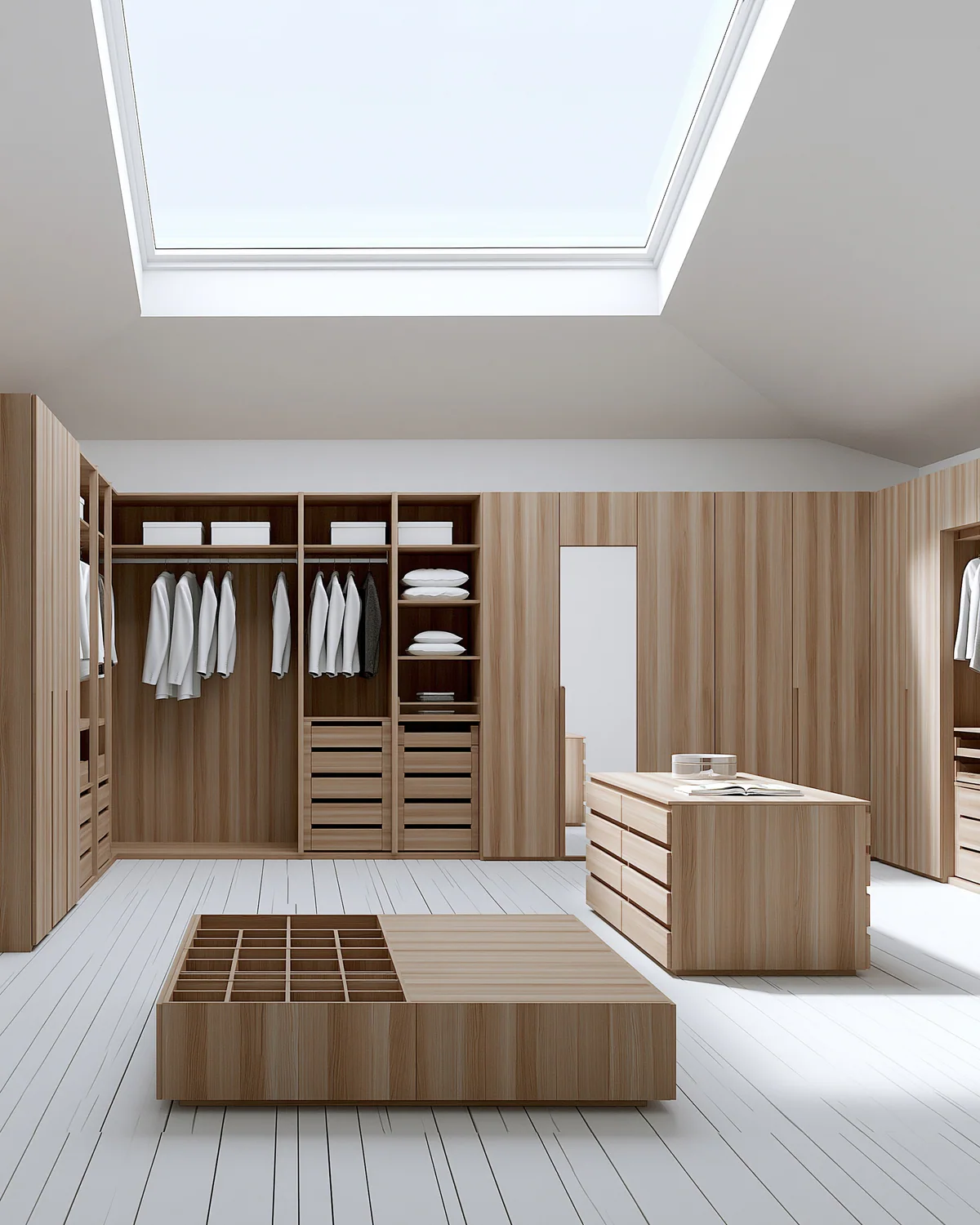 A light wood dressing room and wardrobe, shown as an associated cabinet detail