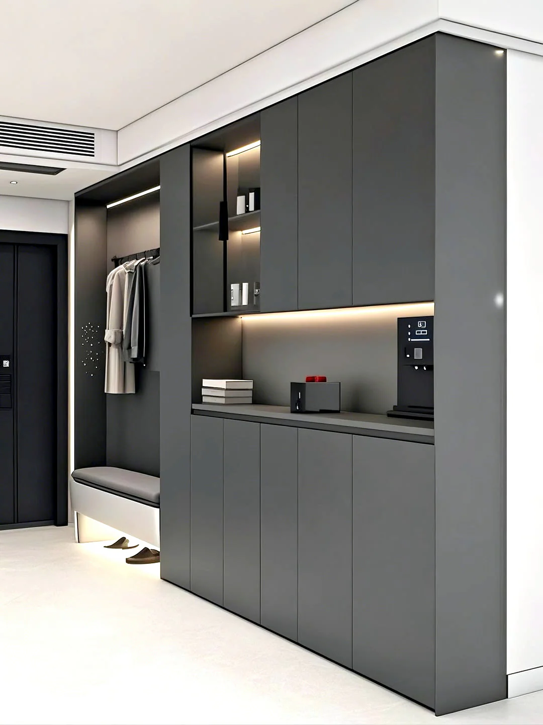 Charcoal entry storage wall with a bench, illuminated open shelf and tall concealed cabinets