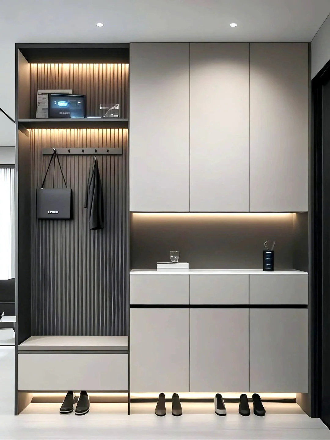 Pale entry storage composition with a dark slatted bench, illuminated shelves and floating drawers