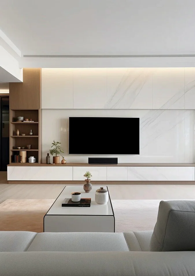 Light wood and white media wall with open shelving and a low floating storage cabinet