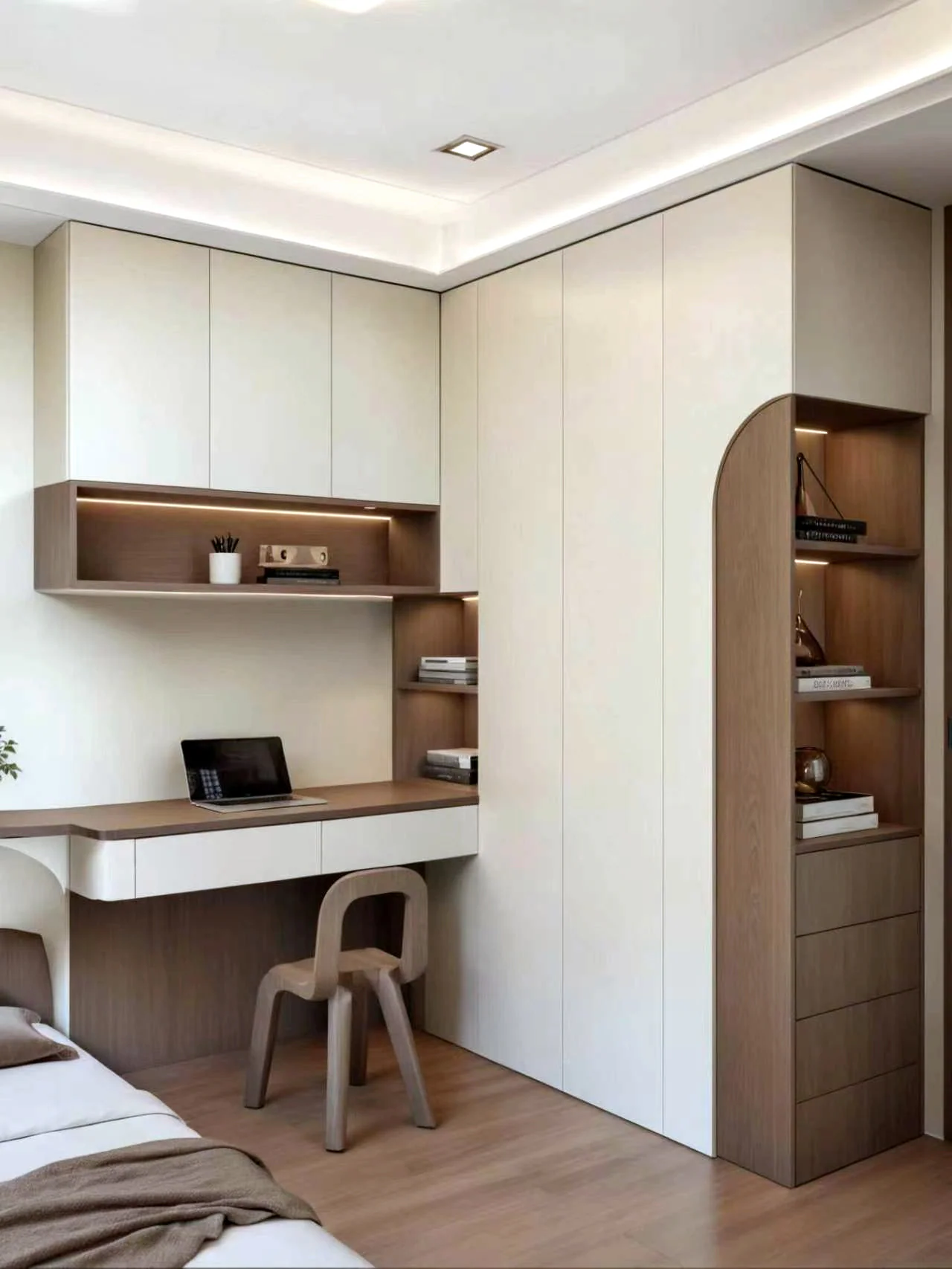 White and natural wood wardrobe wall with an integrated desk and open side shelving