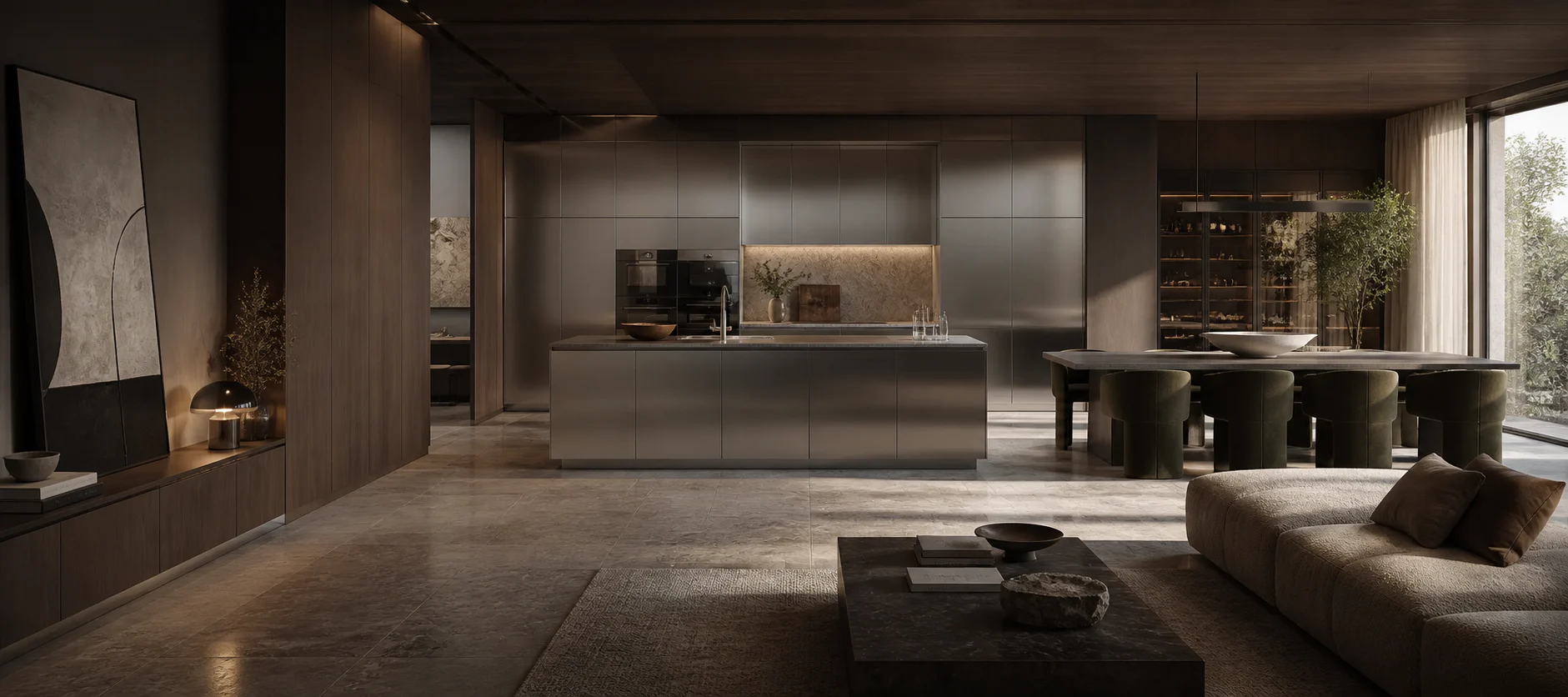 Concept visualization of a full-width stainless steel kitchen and living interior
