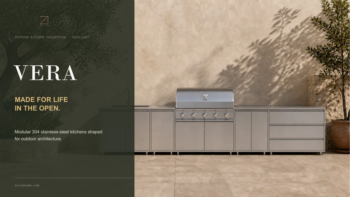 VERA Outdoor Kitchens page 1 showing a modular stainless steel outdoor kitchen