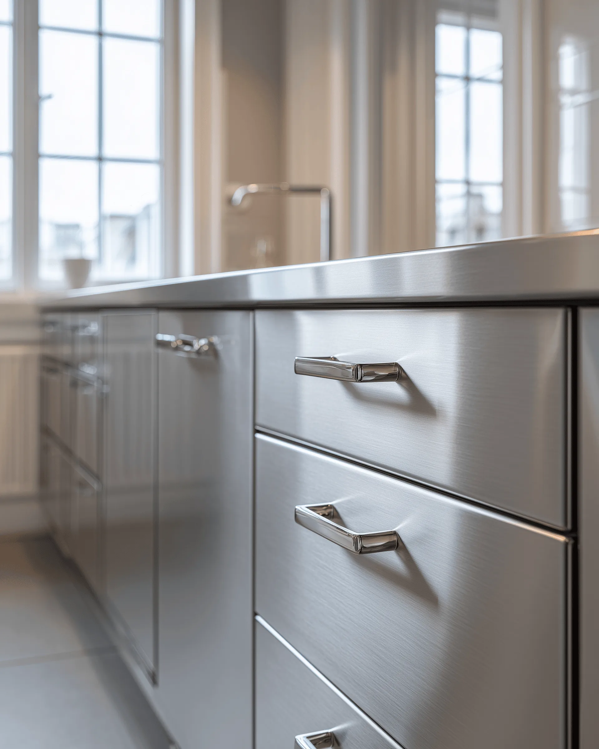 Custom kitchen cabinetry arranged around a contemporary interior