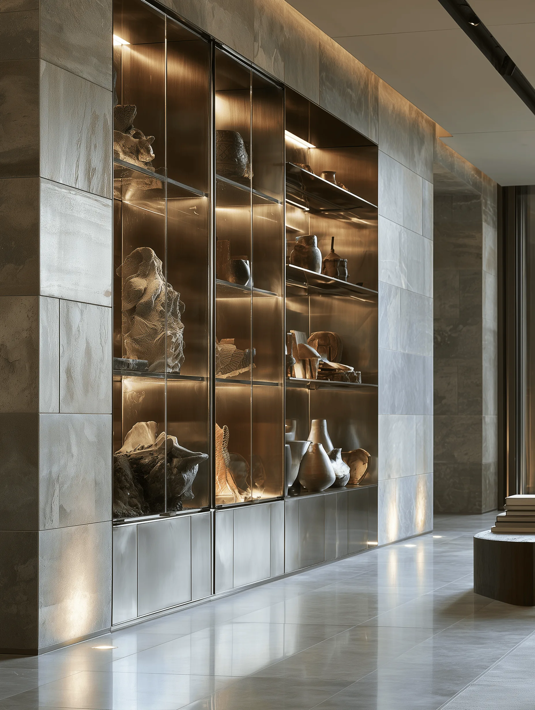 Illuminated display cabinetry with glass and concealed storage
