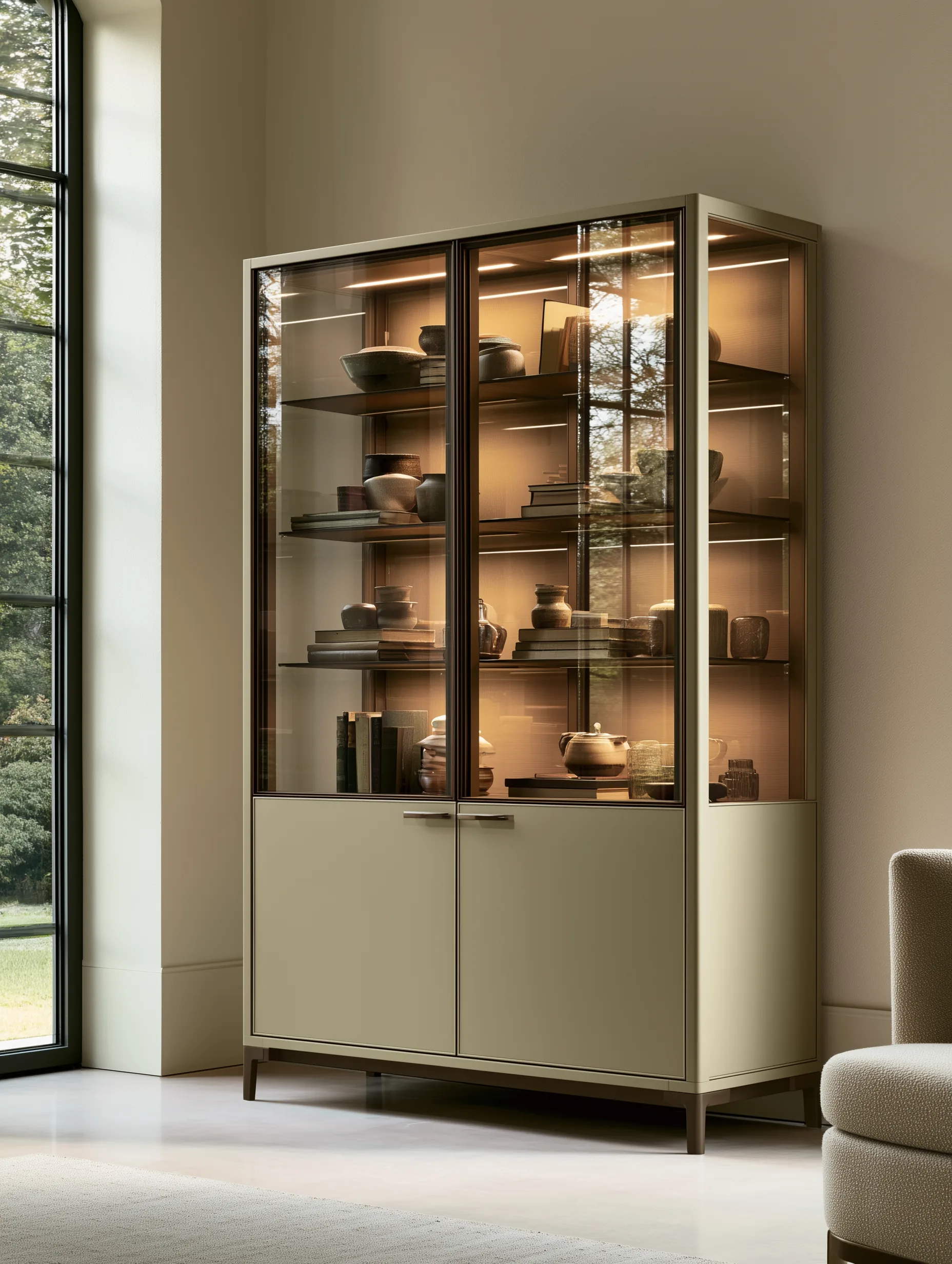 Freestanding warm grey aluminum display cabinet with glass doors and illuminated shelves