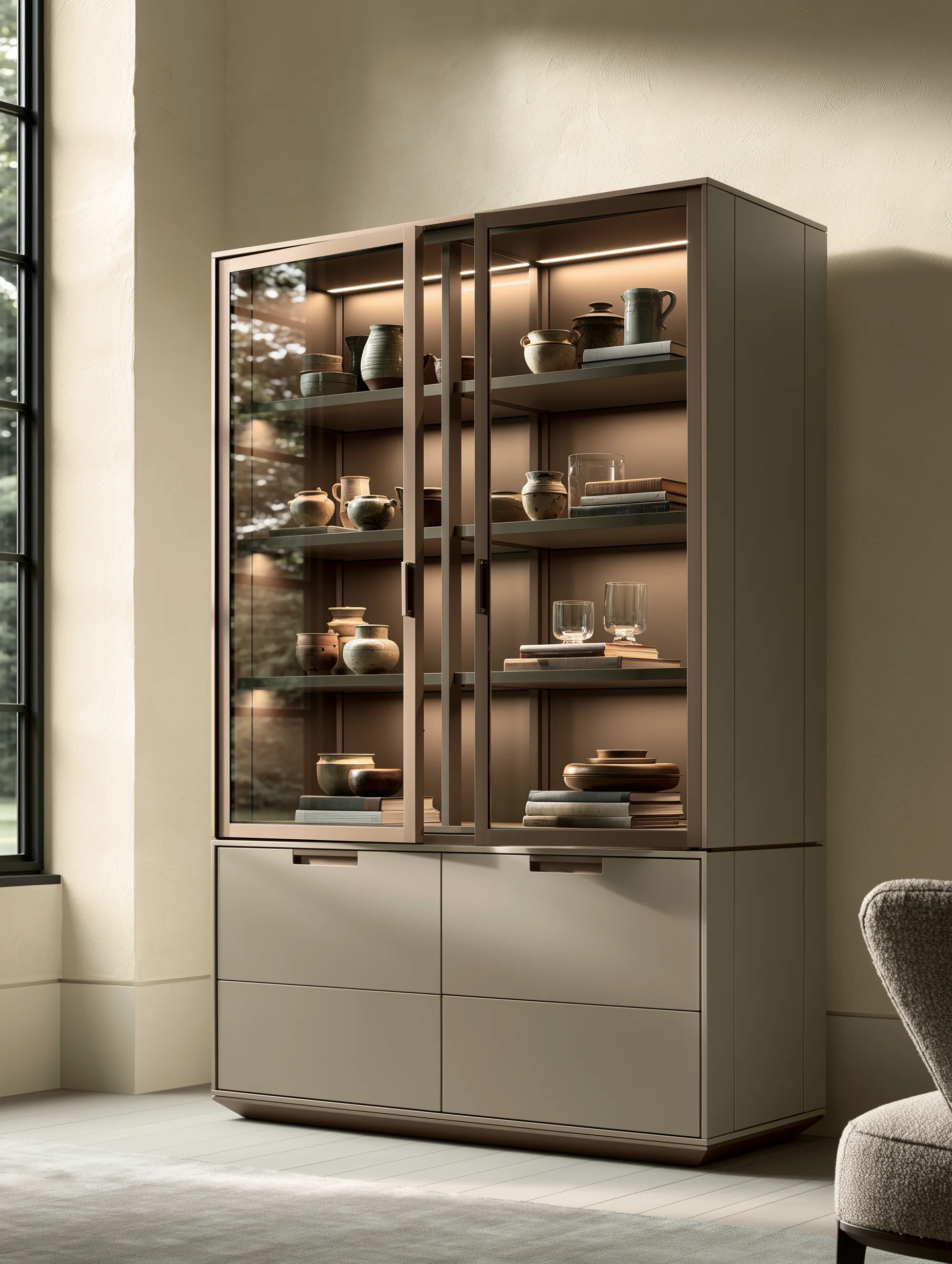 Wide aluminum display cabinet with framed glass doors, drawers and warm shelf lighting