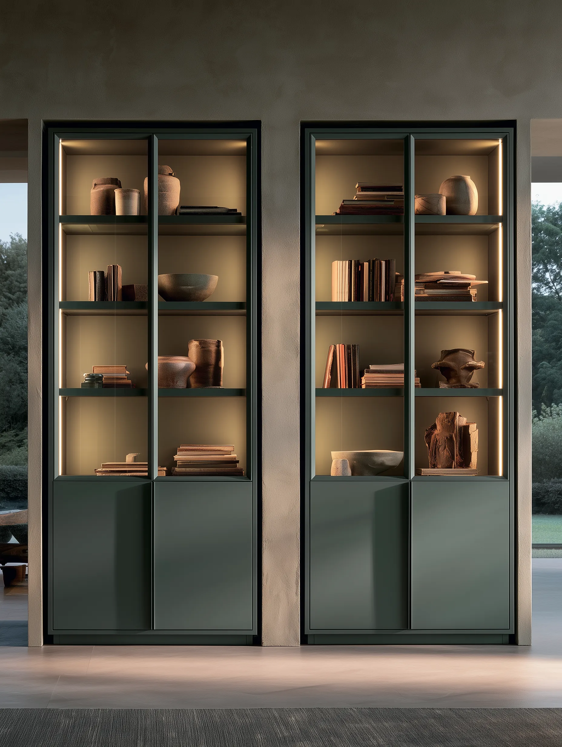 Pair of slim graphite aluminum display cabinets with integrated interior lighting