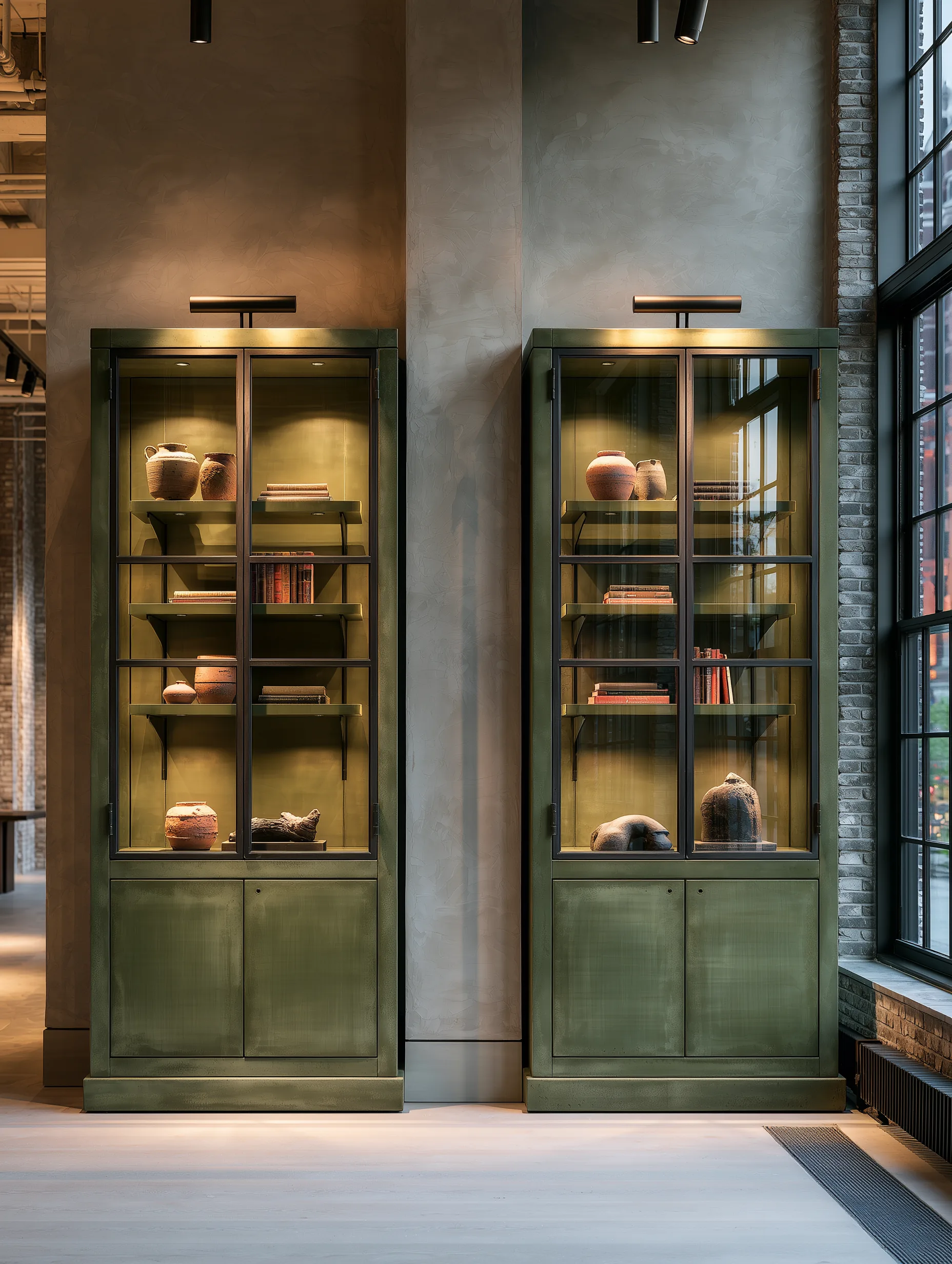 Two tall olive aluminum vitrines arranged as a coordinated collection-room composition