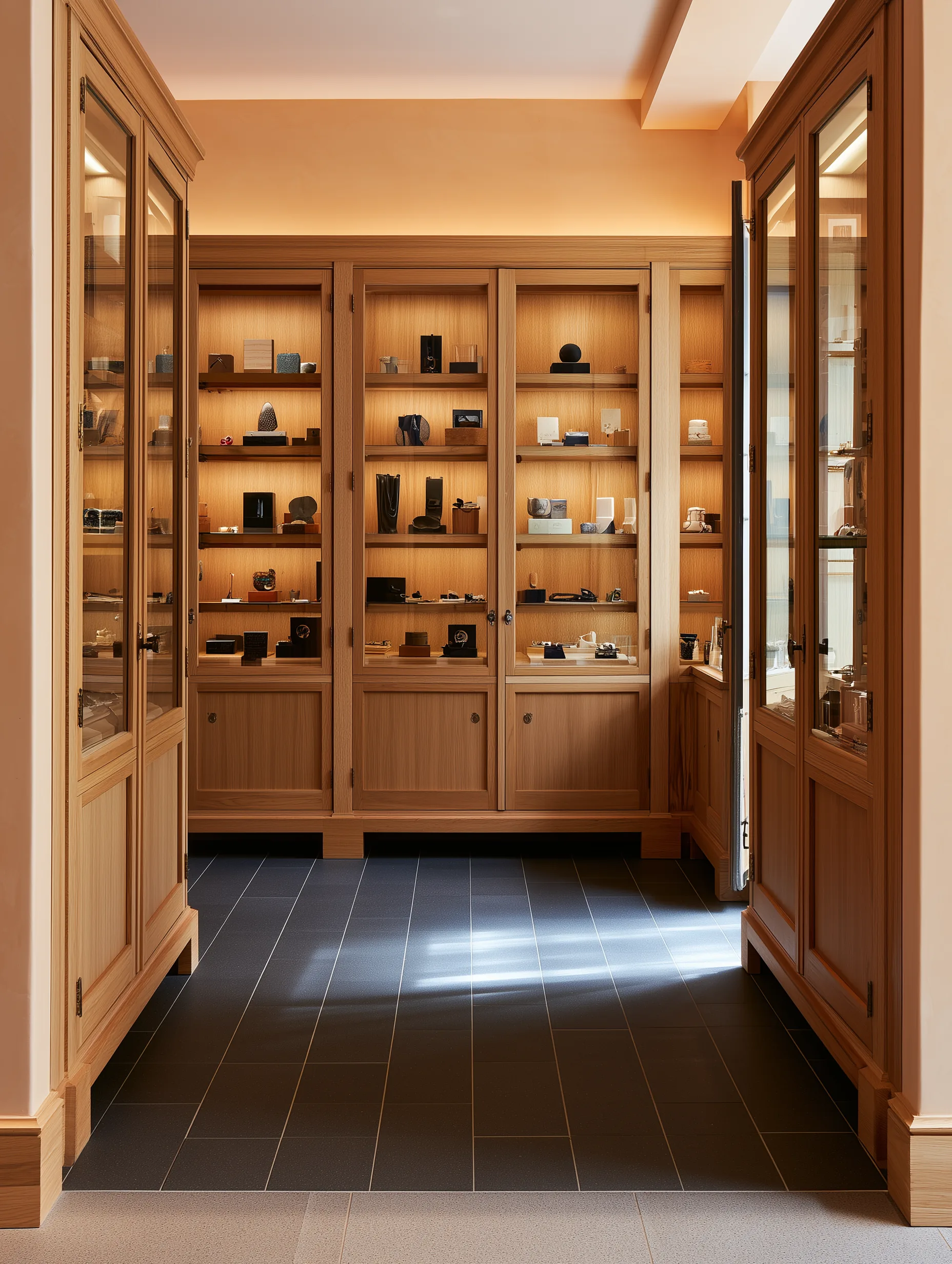 Full wall of illuminated wood display cabinets with glass doors and lower storage