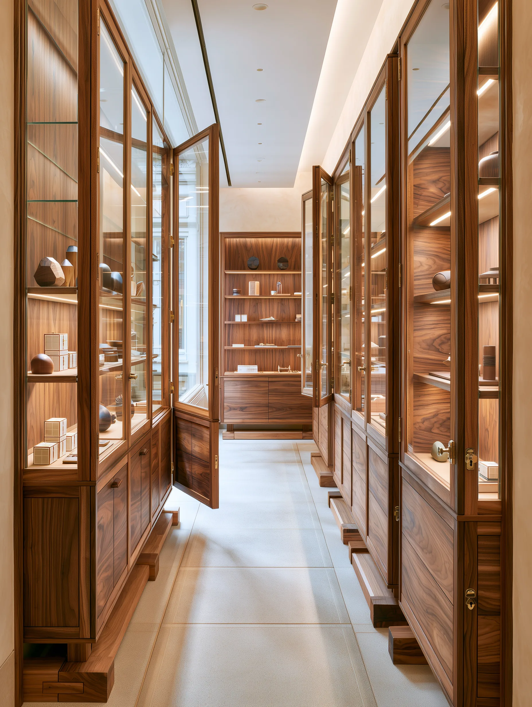 Wood and glass display cabinetry forming a refined walk-through collection room