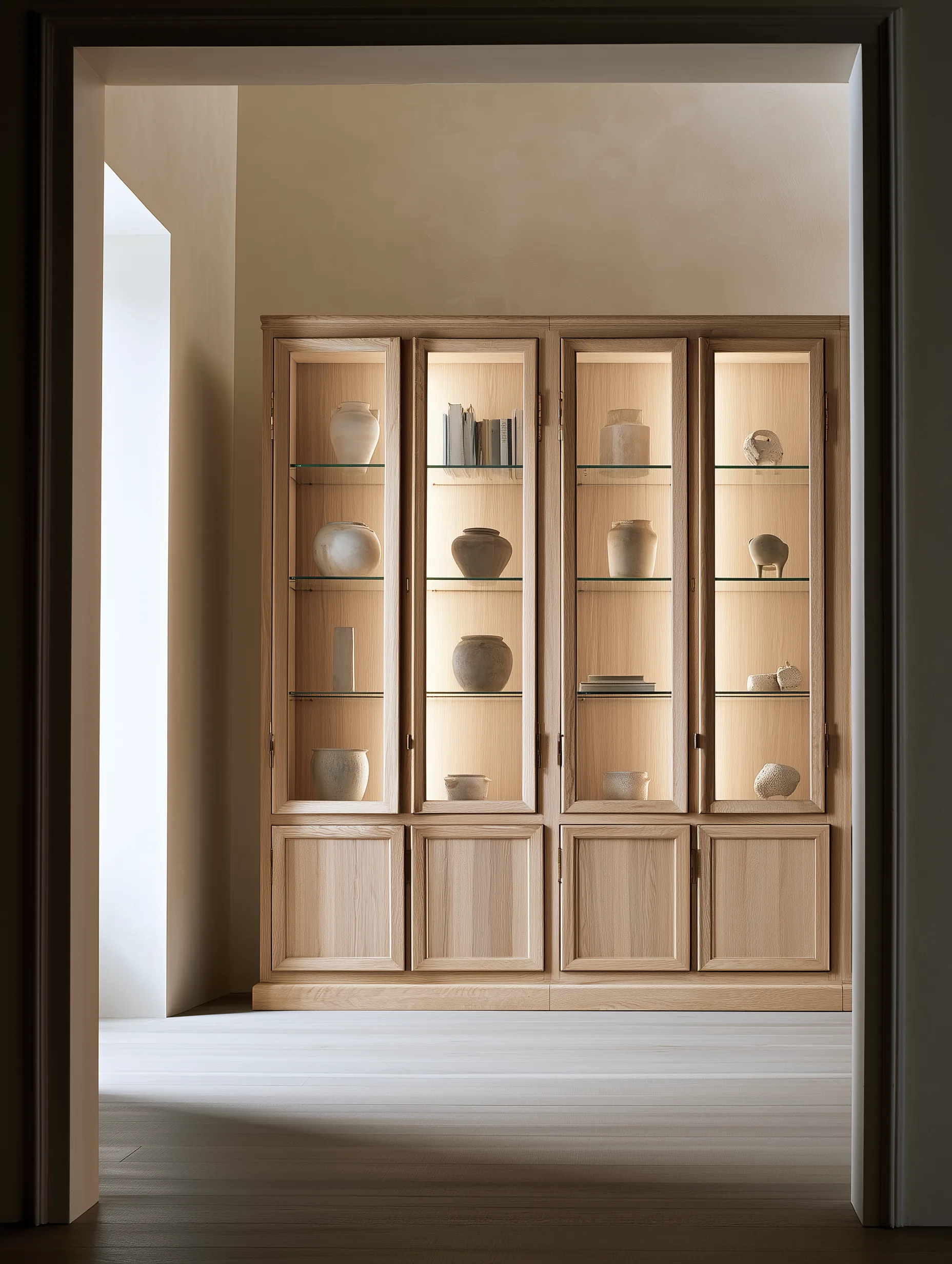 Four coordinated light wood display cabinets recessed within an architectural opening
