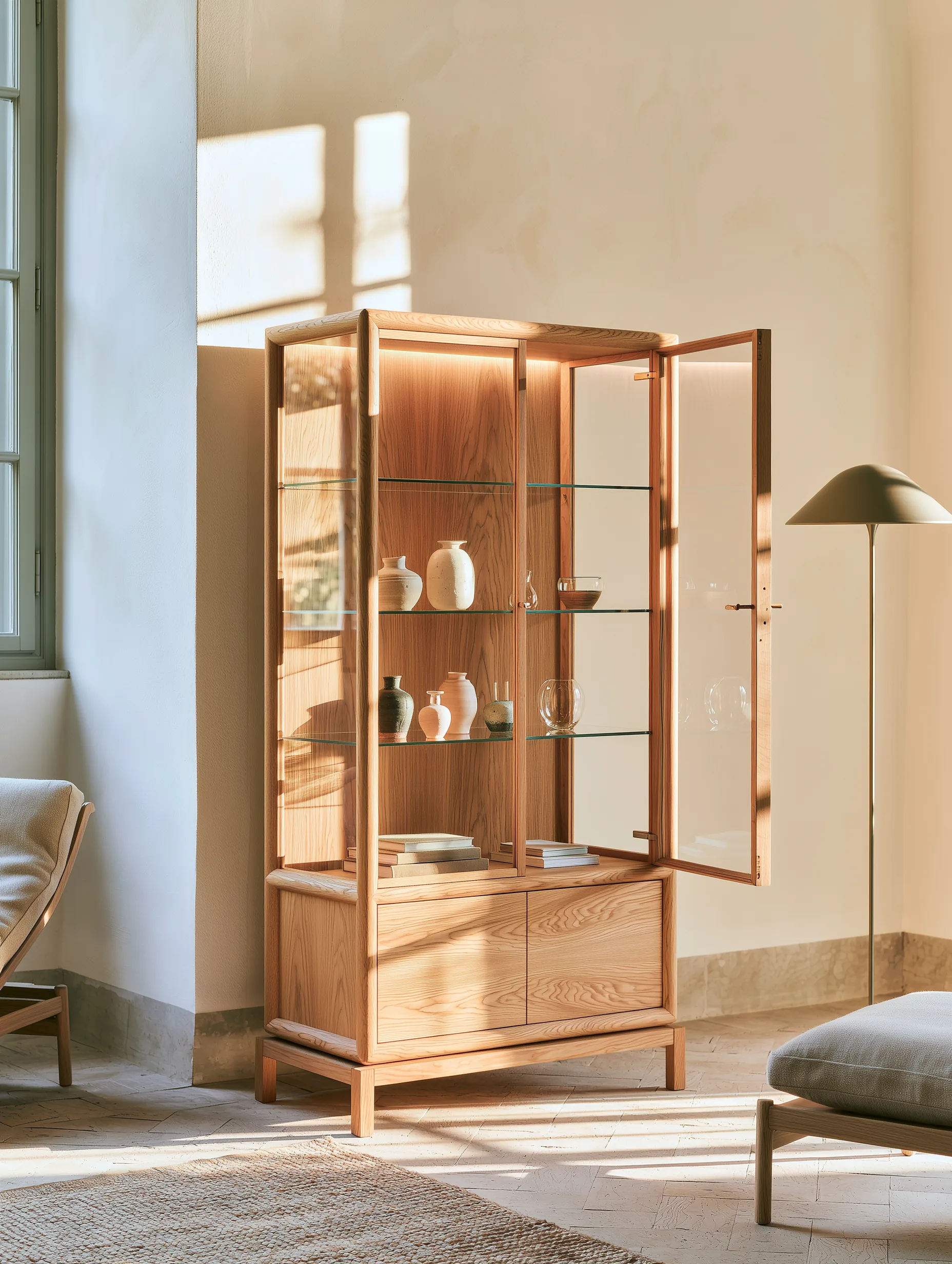 Freestanding light wood vitrine with glass sides, drawers and integrated lighting