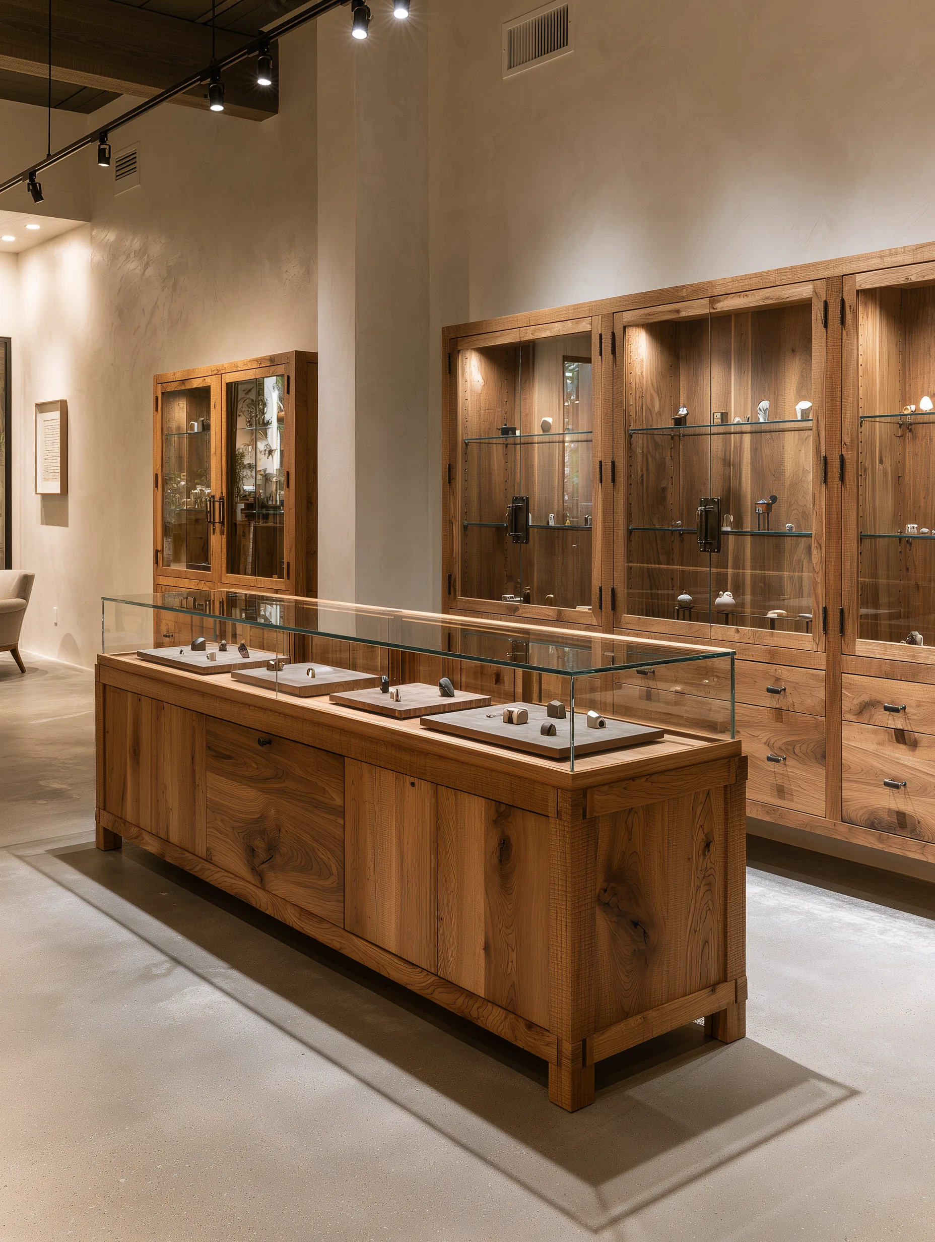 Wood display cabinetry and central glass showcase arranged for a private collection