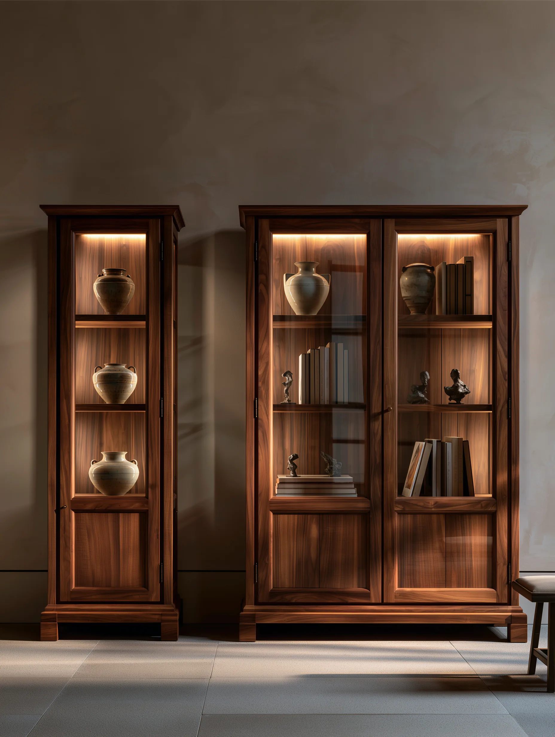 Pair of dark wood display cabinets with illuminated shelves in a quiet interior