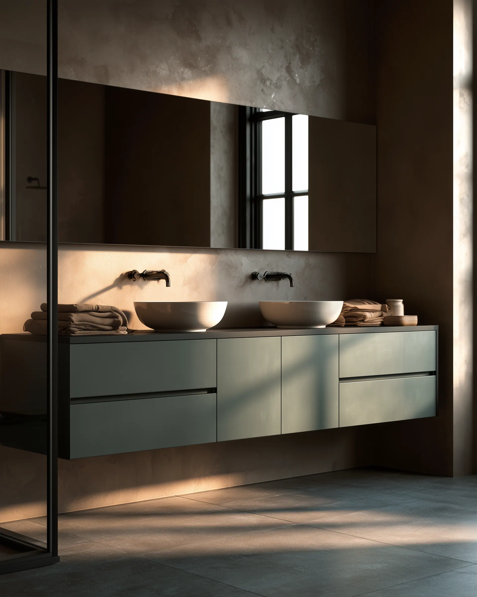 Long muted green aluminum bathroom vanity with twin basins and a full-width mirrored cabinet