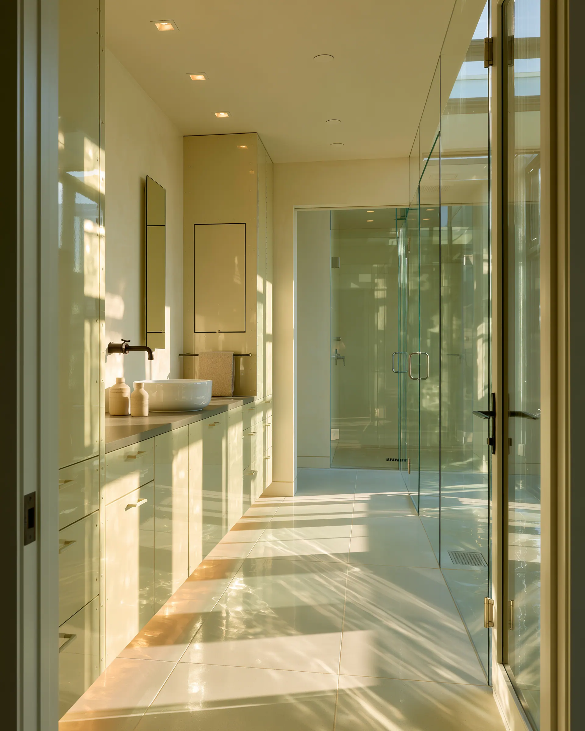 Pale aluminum vanity cabinetry extending through a bright glass-lined bathroom corridor