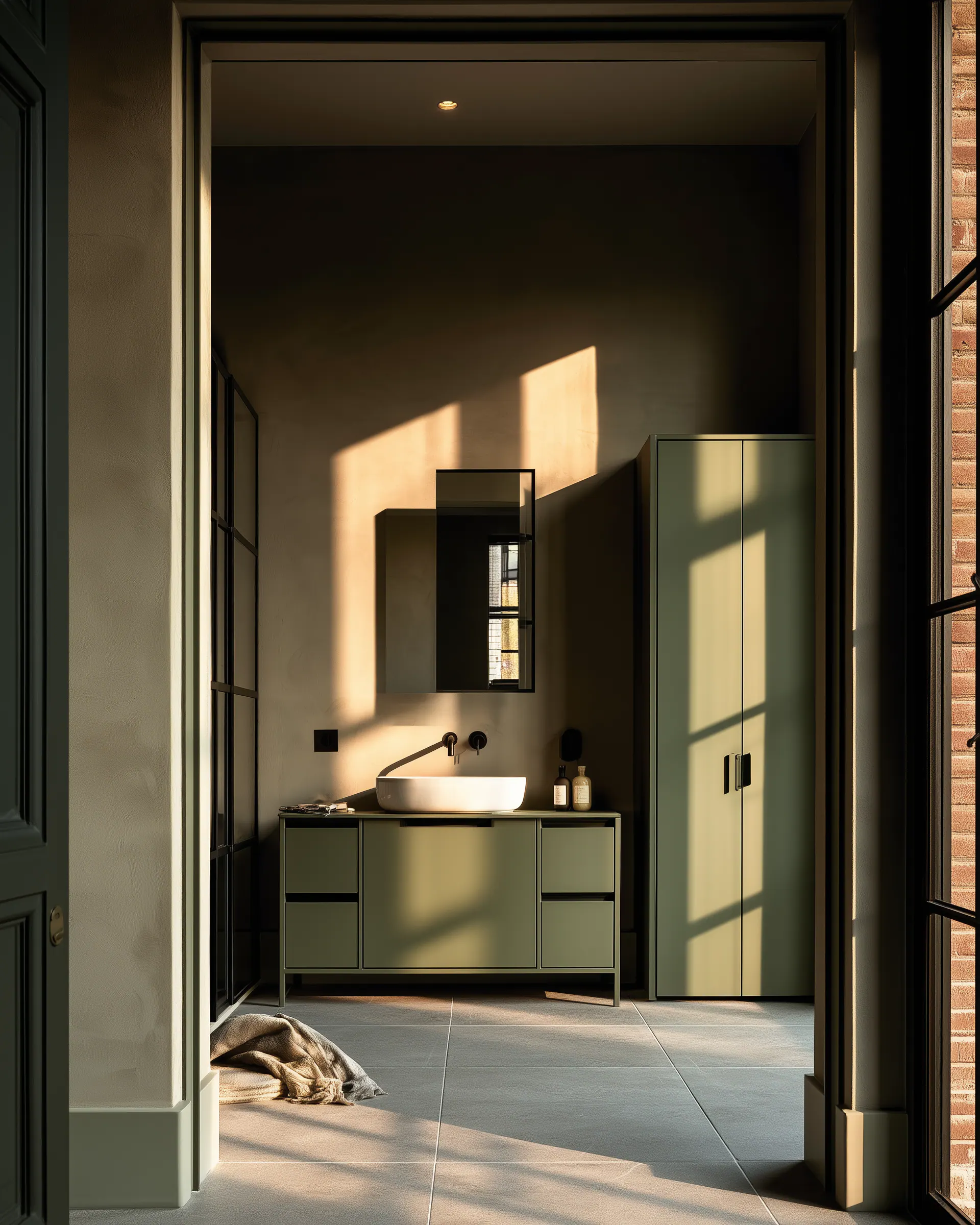 Compact olive aluminum vanity and tall cabinet viewed through a dark bathroom doorway