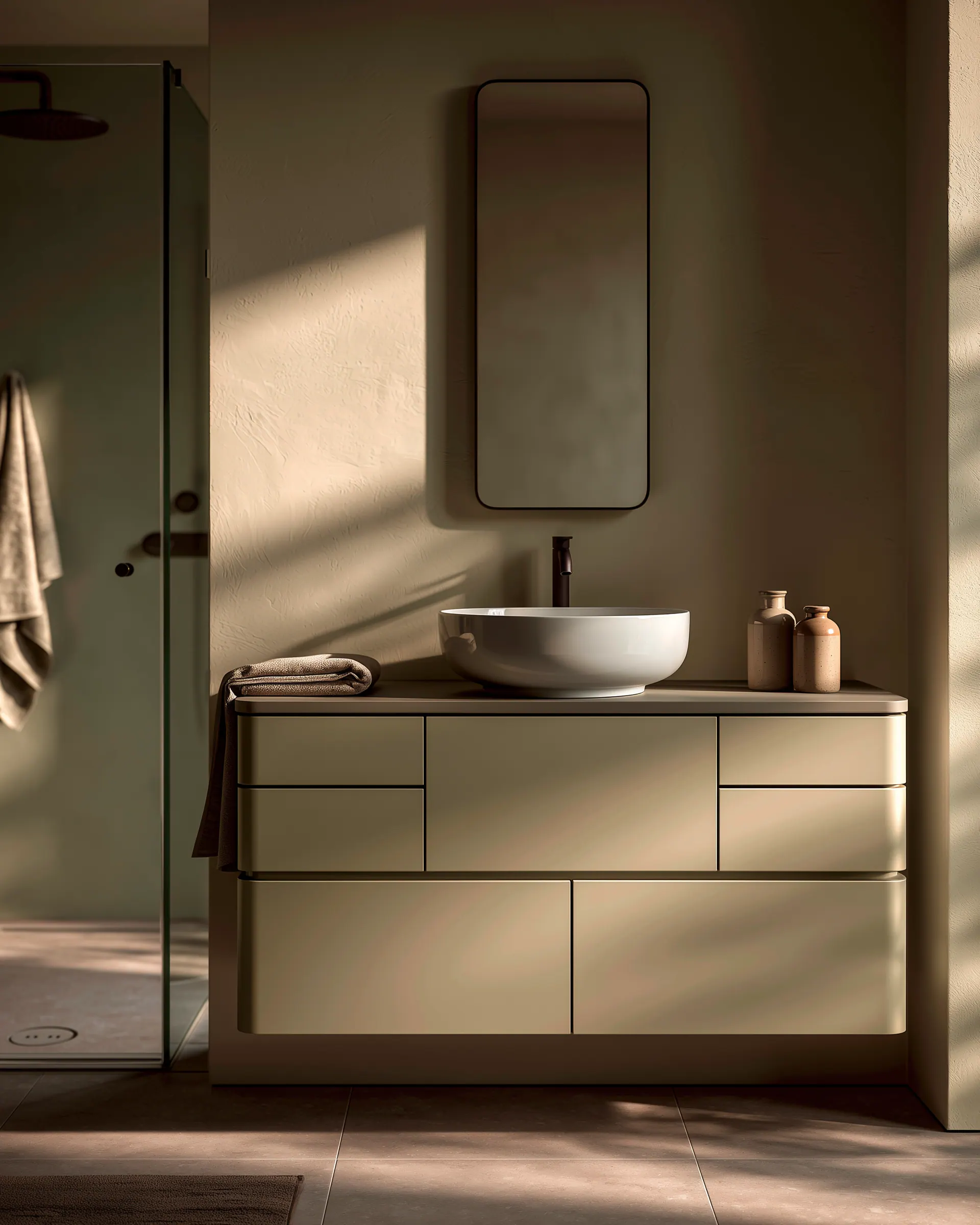 Warm beige aluminum bathroom vanity with wide drawers, vessel basin and vertical mirror