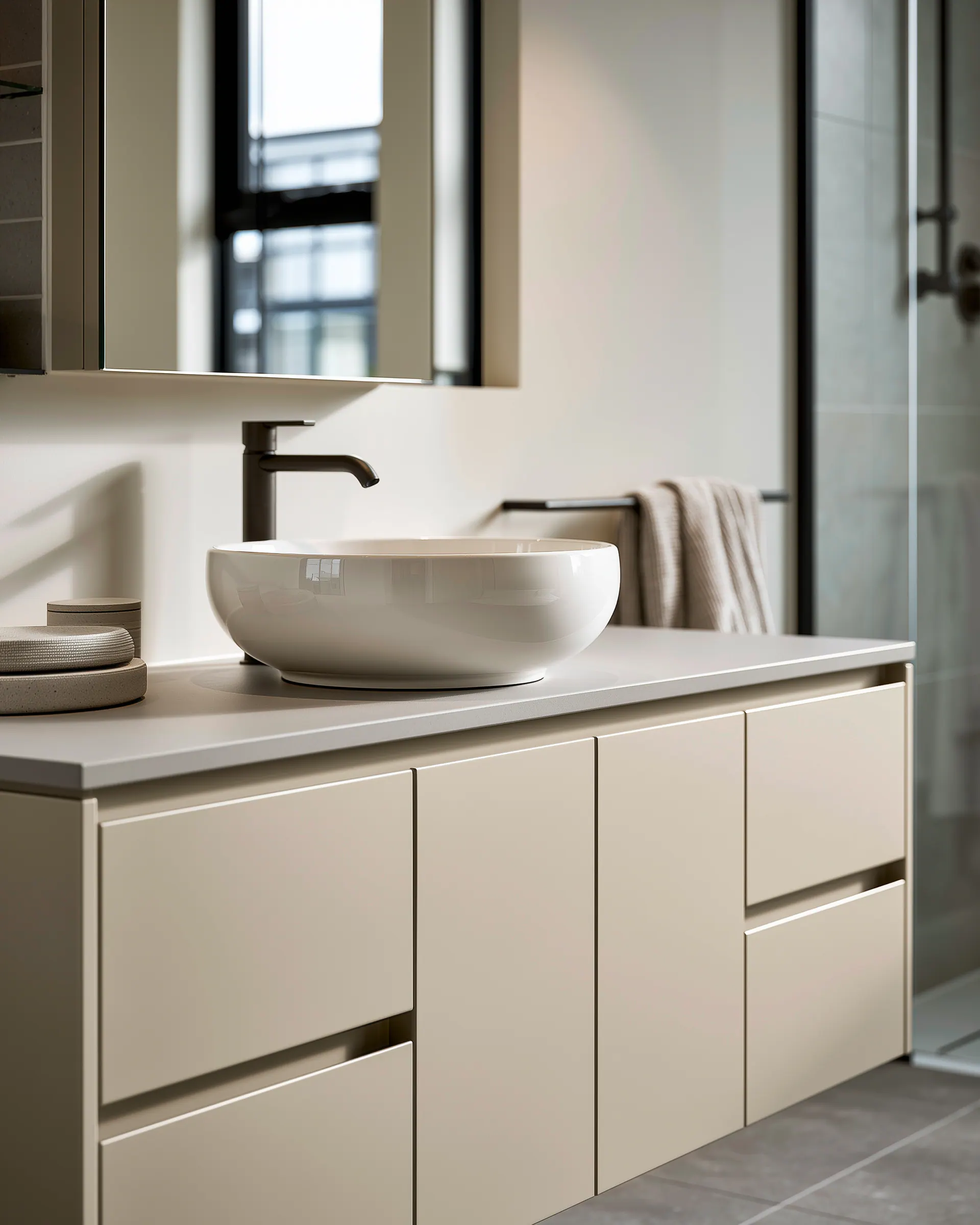 Close view of a pale aluminum vanity with integrated drawers and a white vessel basin