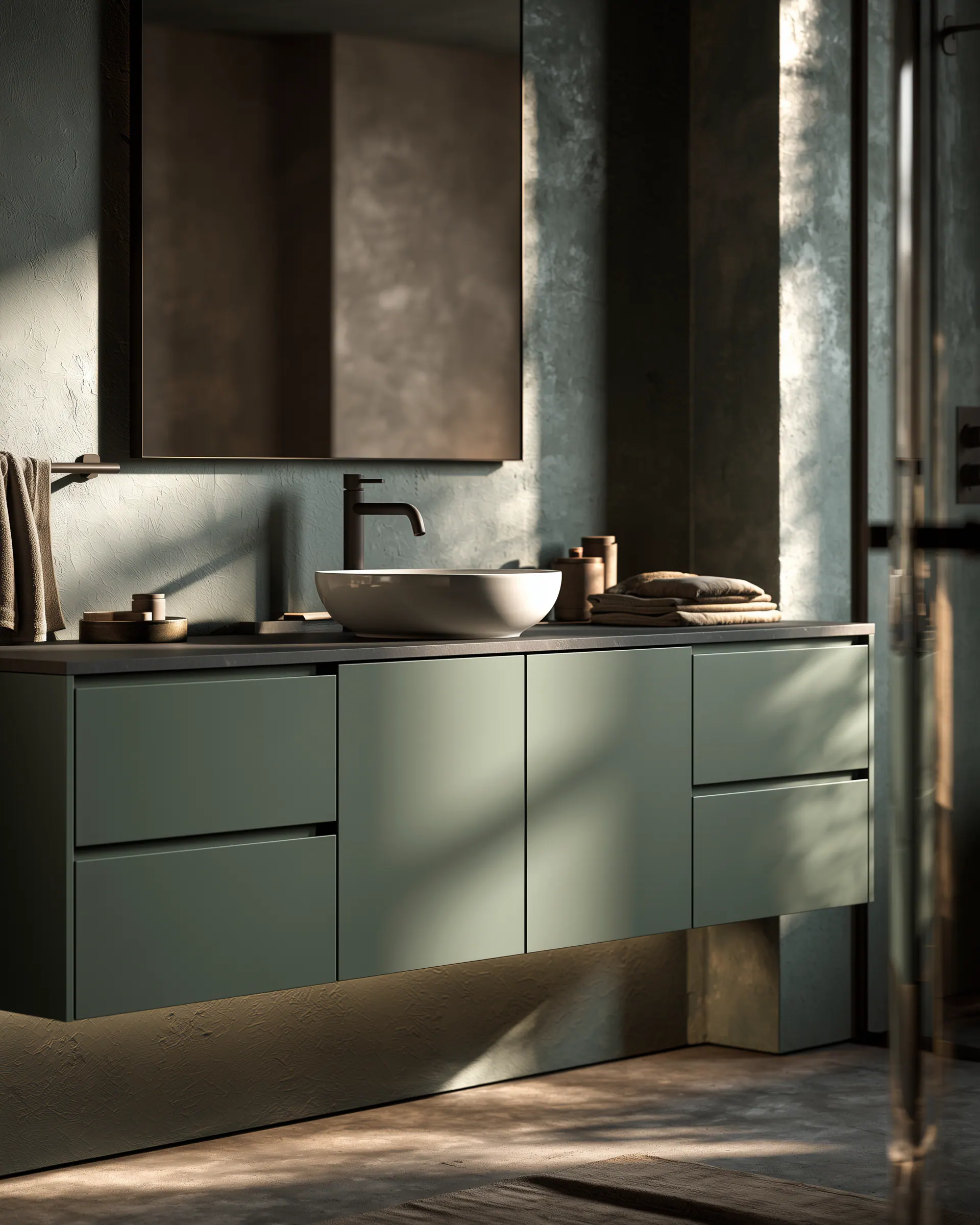 Deep olive aluminum wall-mounted vanity beneath a dark mirrored cabinet in soft daylight