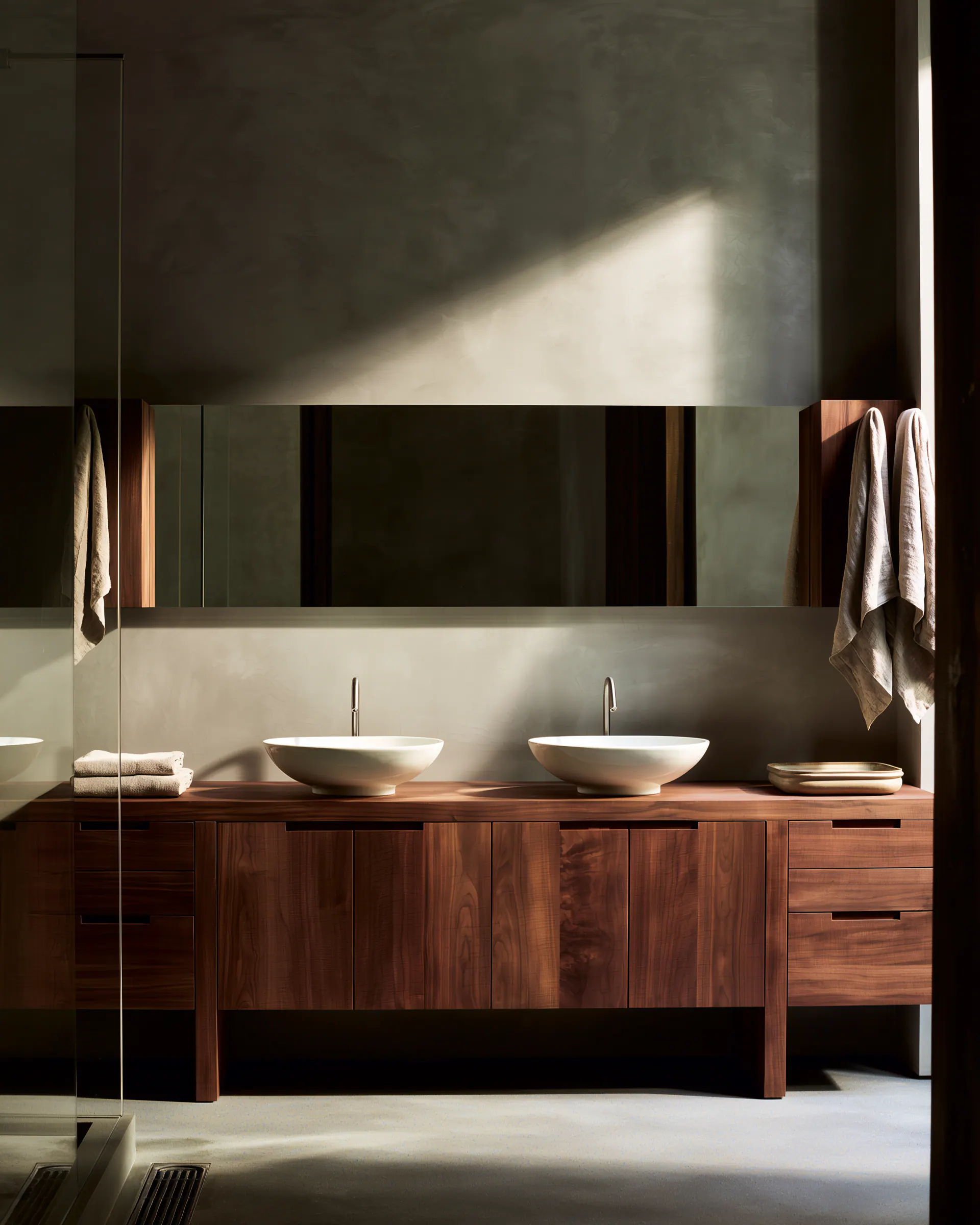 Dark walnut double vanity with twin vessel basins and a broad mirrored cabinet