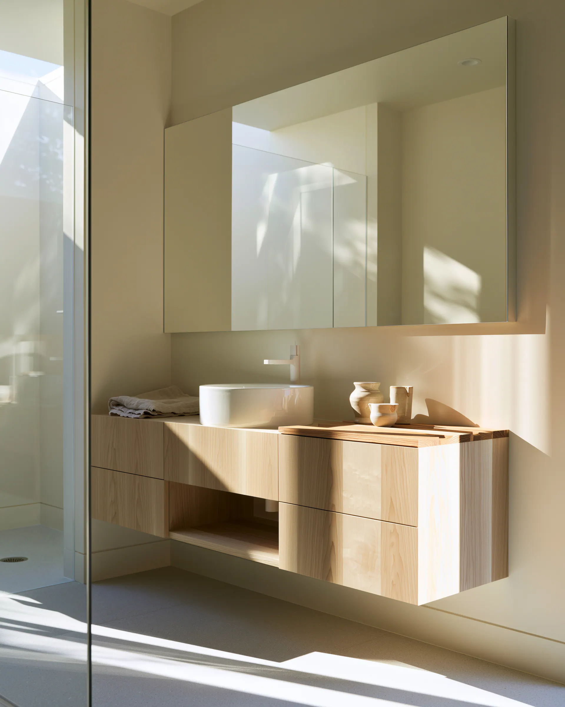 Light wood wall-mounted bathroom vanity with offset drawers and a concealed mirrored cabinet
